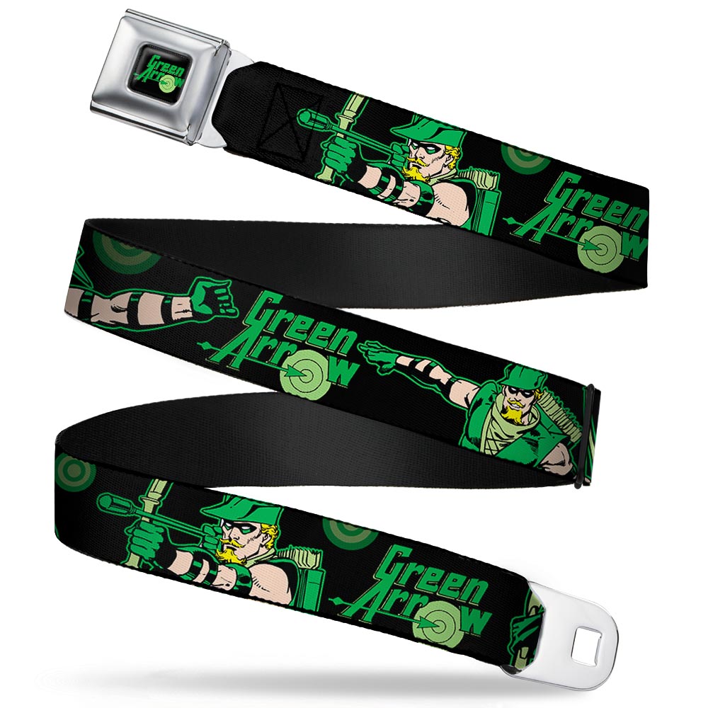 GREEN ARROW Logo Full Color Black Green Seatbelt Belt - GREEN ARROW Action Poses/Targets Black/Greens Webbing Seatbelt Belts DC Comics