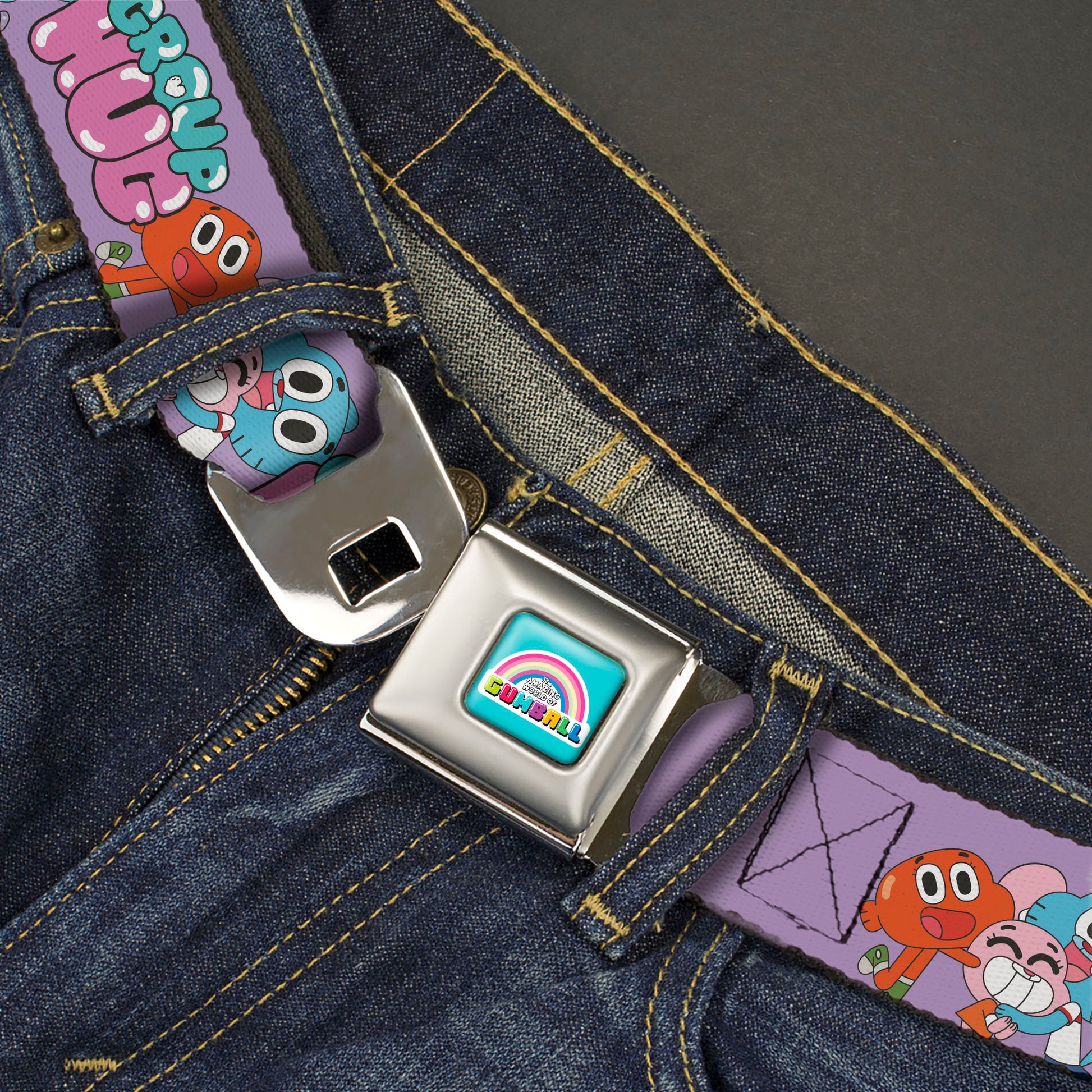 THE AMAZING WORLD GUMBALL Title Logo Full Color Blue Seatbelt Belt - The Amazing World of Gumball GROUP HUG Characters Pose Laveneder Webbing Seatbelt Belts The Amazing World of Gumball
