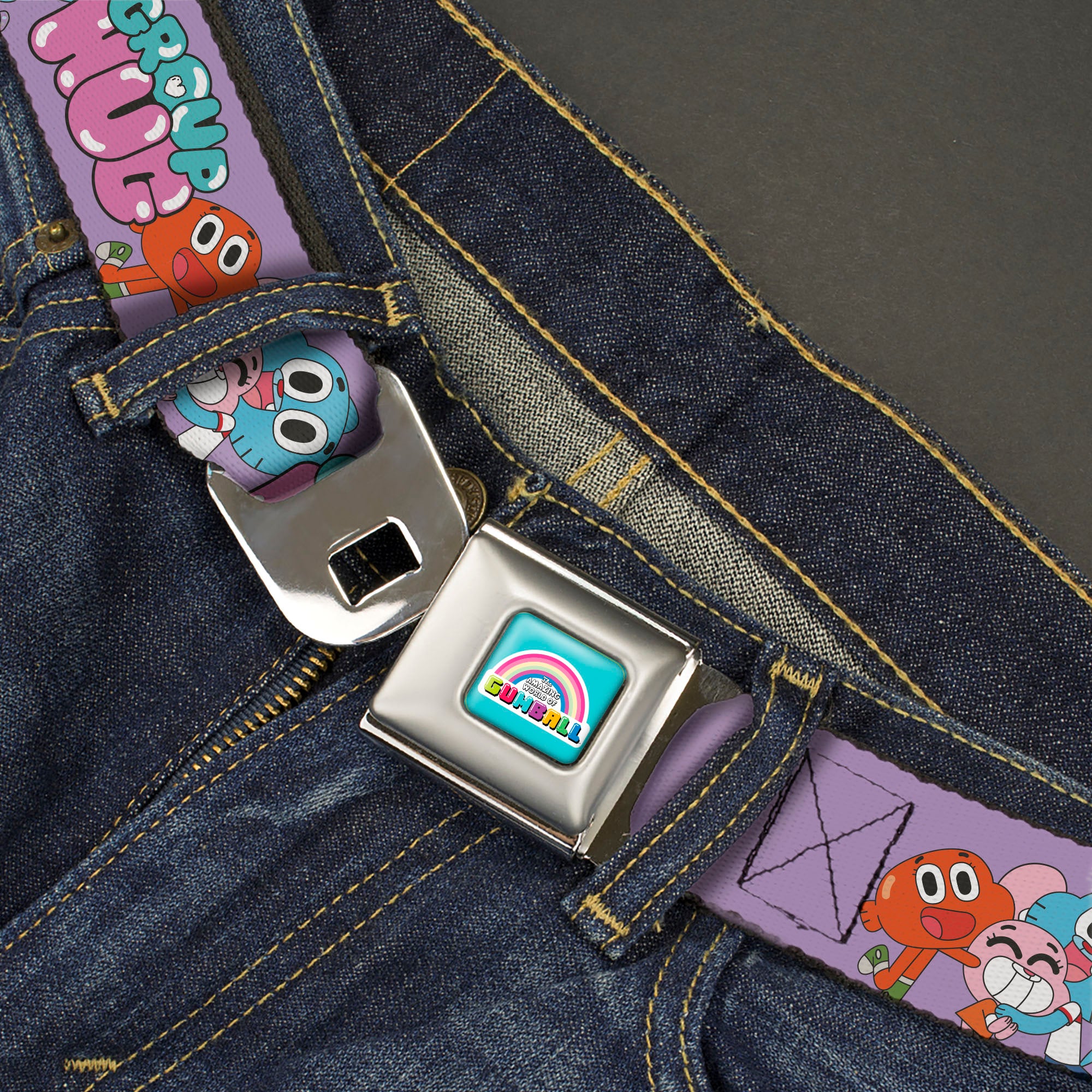 THE AMAZING WORLD GUMBALL Title Logo Full Color Blue Seatbelt Belt - The Amazing World of Gumball GROUP HUG Characters Pose Laveneder Webbing Seatbelt Belts The Amazing World of Gumball