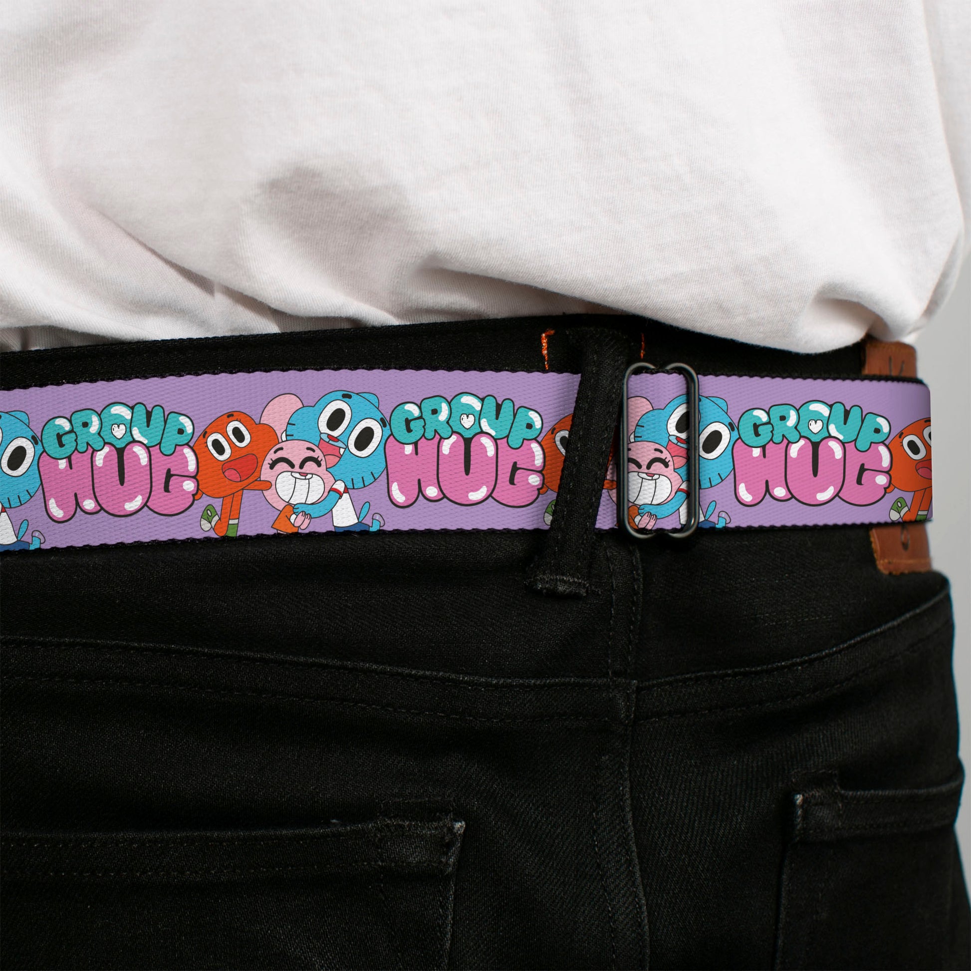 THE AMAZING WORLD GUMBALL Title Logo Full Color Blue Seatbelt Belt - The Amazing World of Gumball GROUP HUG Characters Pose Laveneder Webbing Seatbelt Belts The Amazing World of Gumball