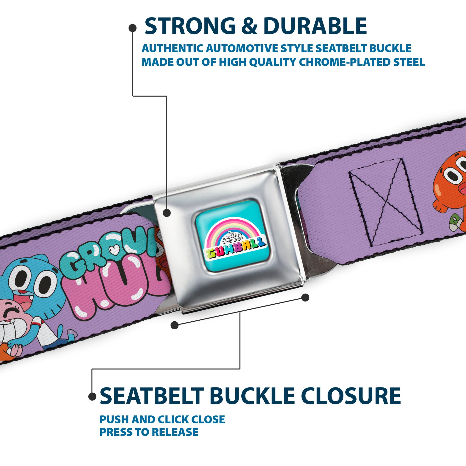 THE AMAZING WORLD GUMBALL Title Logo Full Color Blue Seatbelt Belt - The Amazing World of Gumball GROUP HUG Characters Pose Laveneder Webbing Seatbelt Belts The Amazing World of Gumball