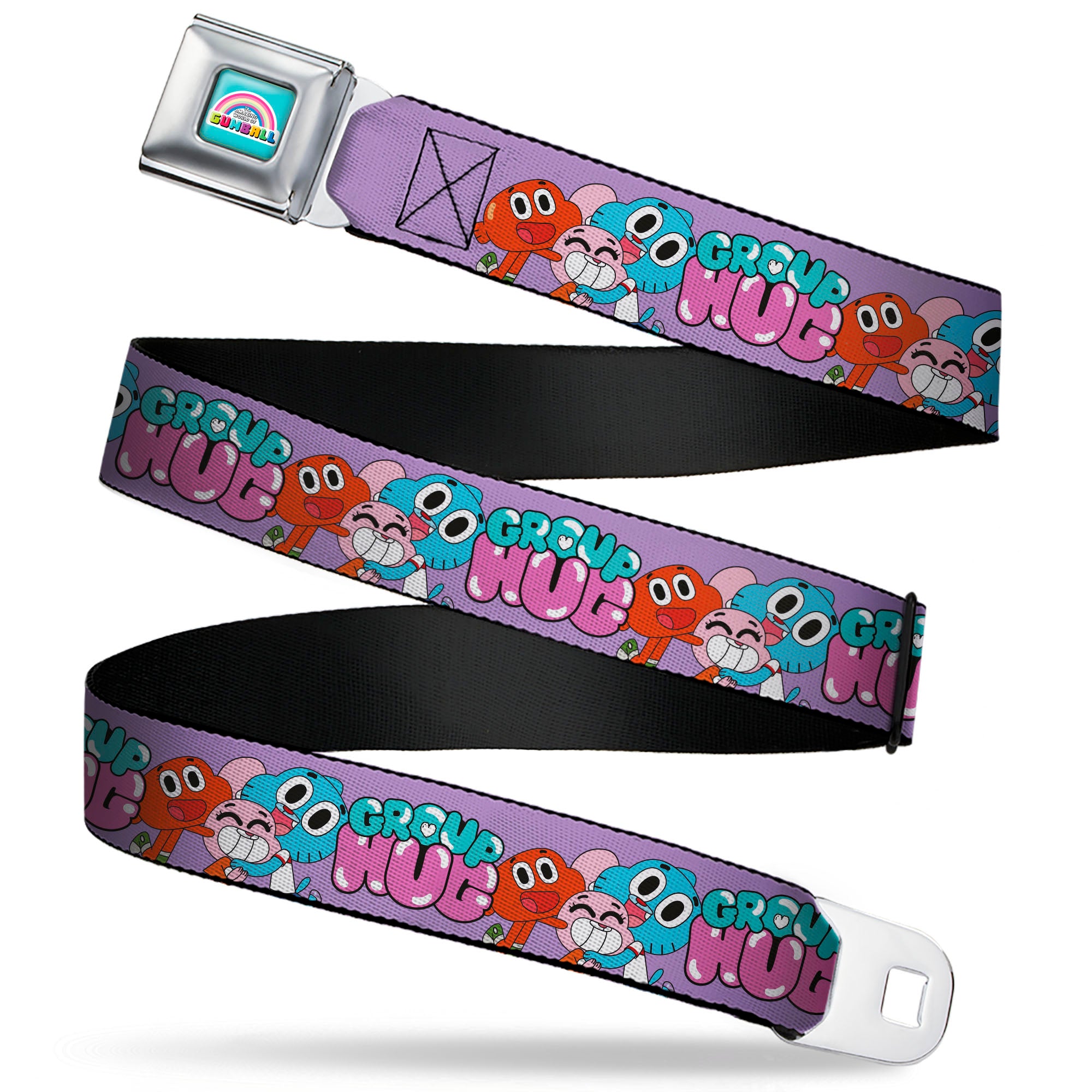 THE AMAZING WORLD GUMBALL Title Logo Full Color Blue Seatbelt Belt - The Amazing World of Gumball GROUP HUG Characters Pose Laveneder Webbing Seatbelt Belts The Amazing World of Gumball