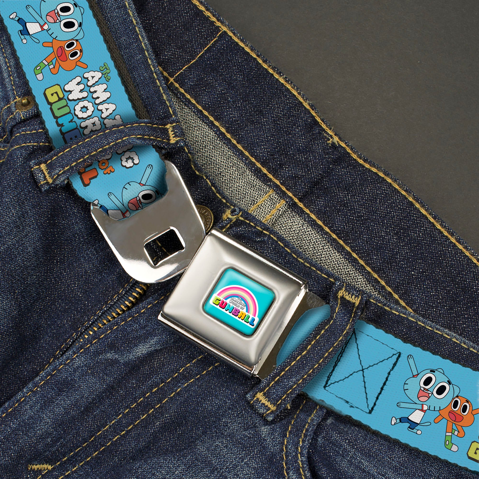 THE AMAZING WORLD GUMBALL Title Logo Full Color Blue Seatbelt Belt - THE AMAZING WORLD OF GUMBALL Title Logo and Pose with Darwin Blue Webbing Seatbelt Belts The Amazing World of Gumball