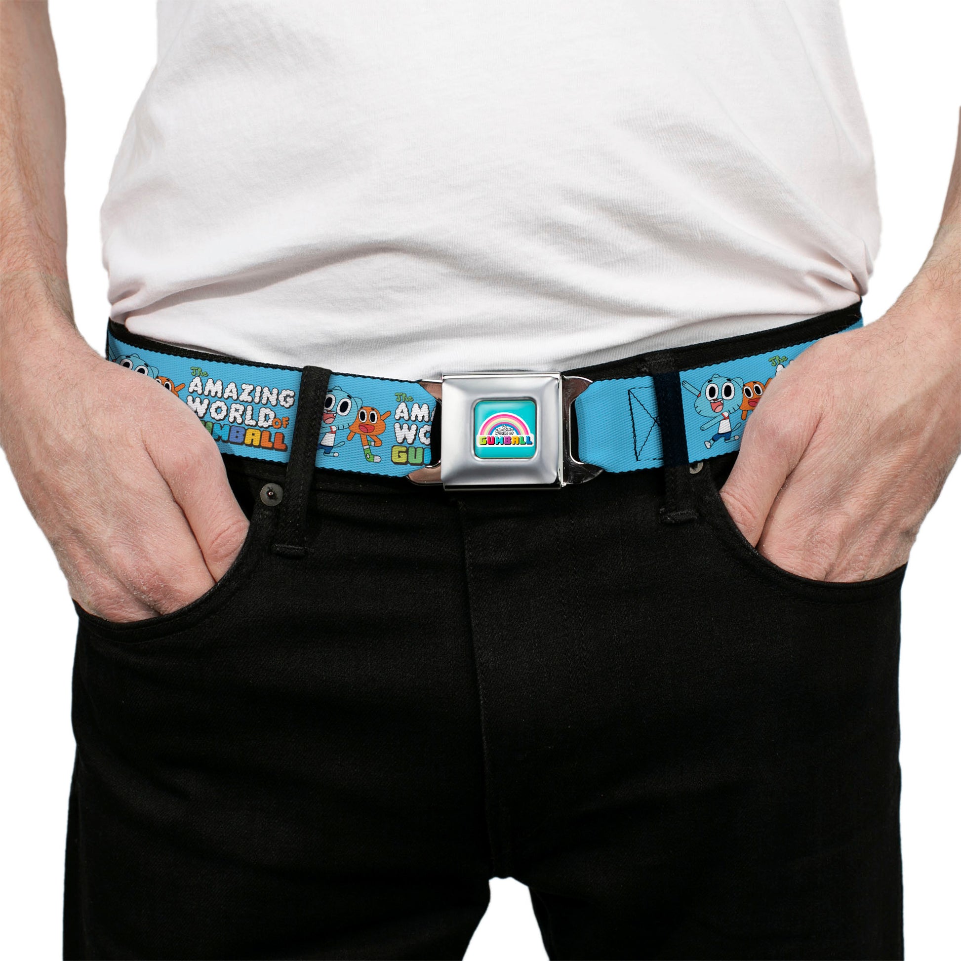 THE AMAZING WORLD GUMBALL Title Logo Full Color Blue Seatbelt Belt - THE AMAZING WORLD OF GUMBALL Title Logo and Pose with Darwin Blue Webbing Seatbelt Belts The Amazing World of Gumball