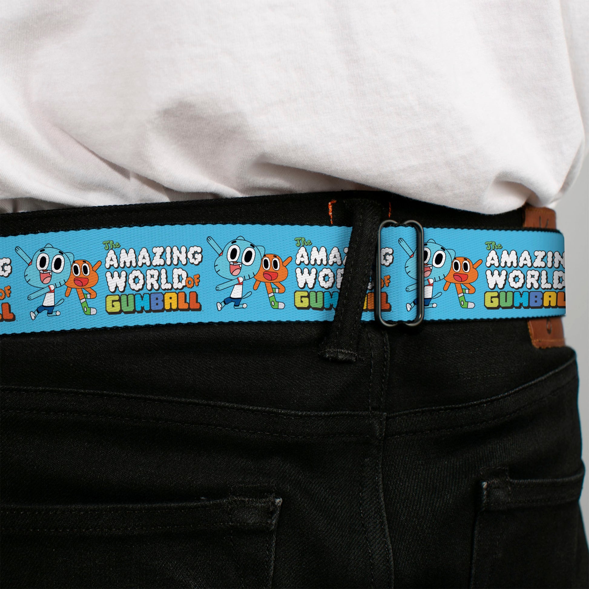 THE AMAZING WORLD GUMBALL Title Logo Full Color Blue Seatbelt Belt - THE AMAZING WORLD OF GUMBALL Title Logo and Pose with Darwin Blue Webbing Seatbelt Belts The Amazing World of Gumball