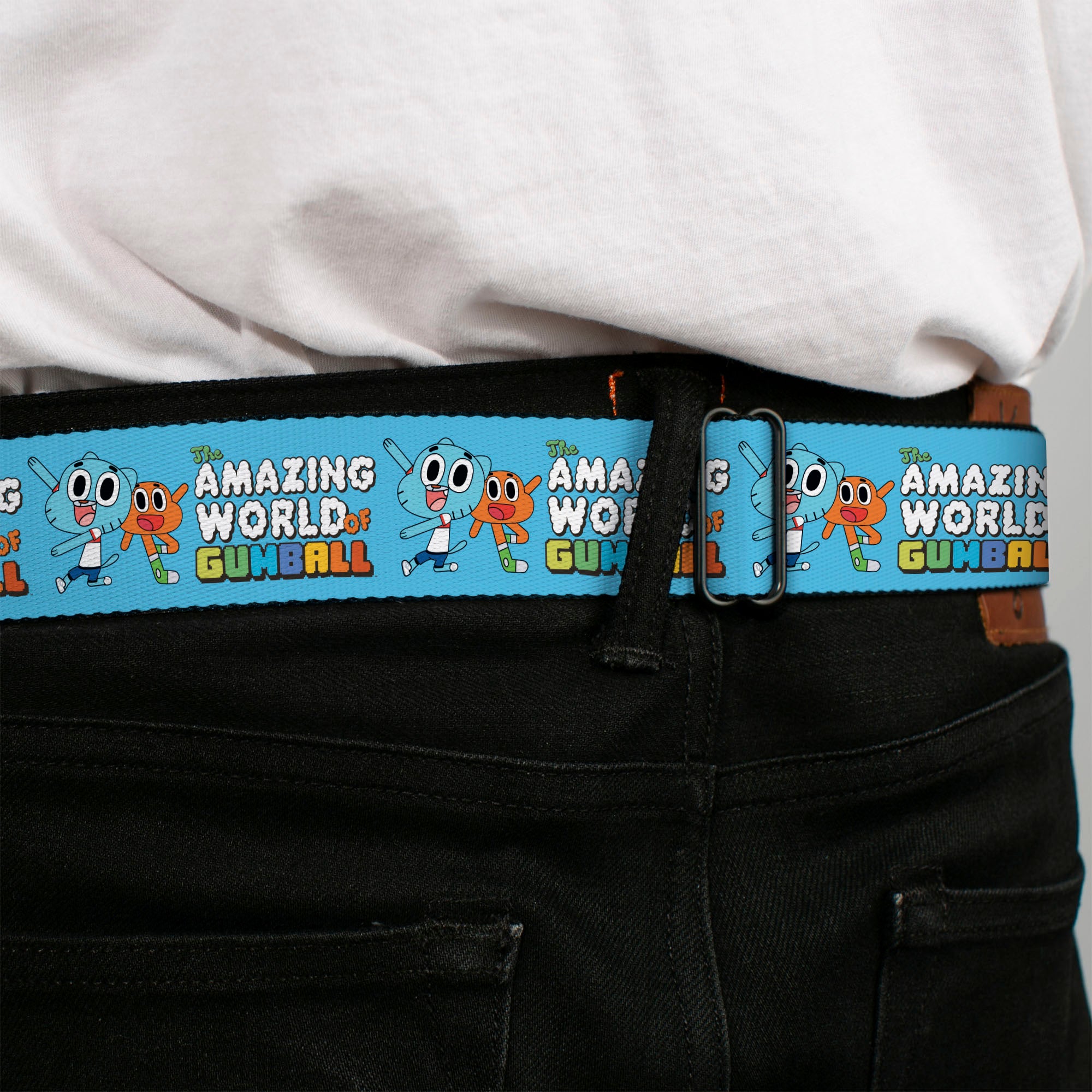 THE AMAZING WORLD GUMBALL Title Logo Full Color Blue Seatbelt Belt - THE AMAZING WORLD OF GUMBALL Title Logo and Pose with Darwin Blue Webbing Seatbelt Belts The Amazing World of Gumball