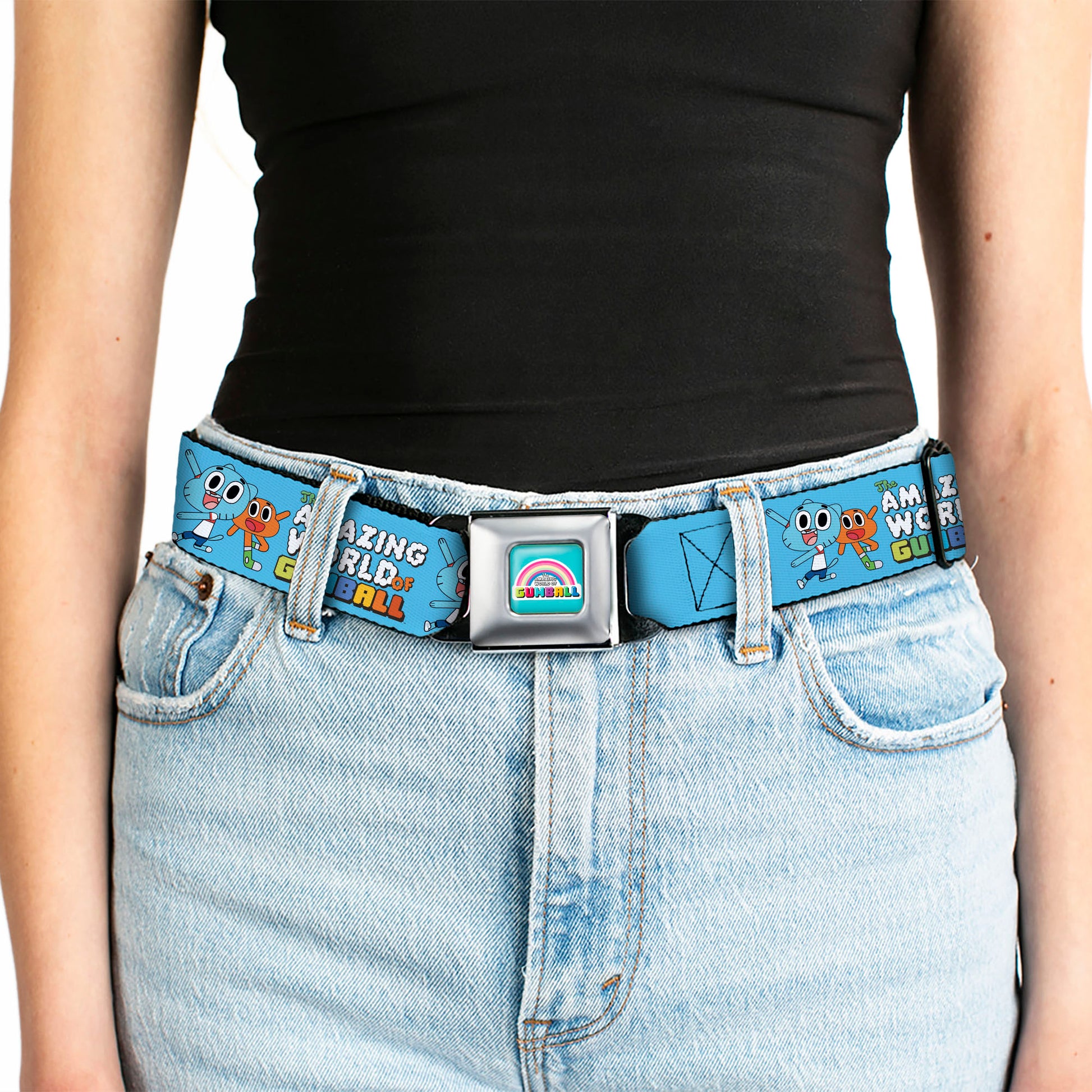 THE AMAZING WORLD GUMBALL Title Logo Full Color Blue Seatbelt Belt - THE AMAZING WORLD OF GUMBALL Title Logo and Pose with Darwin Blue Webbing Seatbelt Belts The Amazing World of Gumball