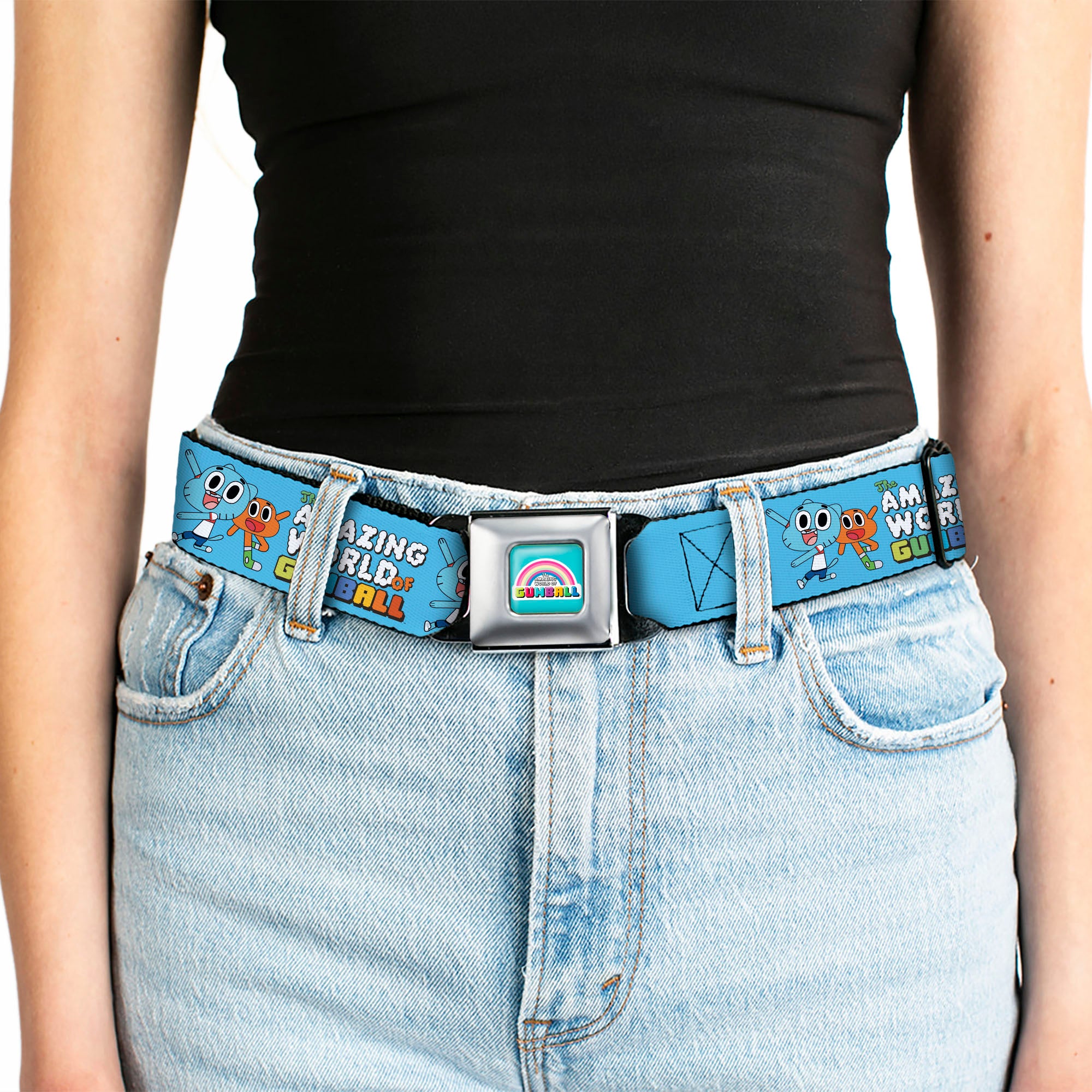 THE AMAZING WORLD GUMBALL Title Logo Full Color Blue Seatbelt Belt - THE AMAZING WORLD OF GUMBALL Title Logo and Pose with Darwin Blue Webbing Seatbelt Belts The Amazing World of Gumball