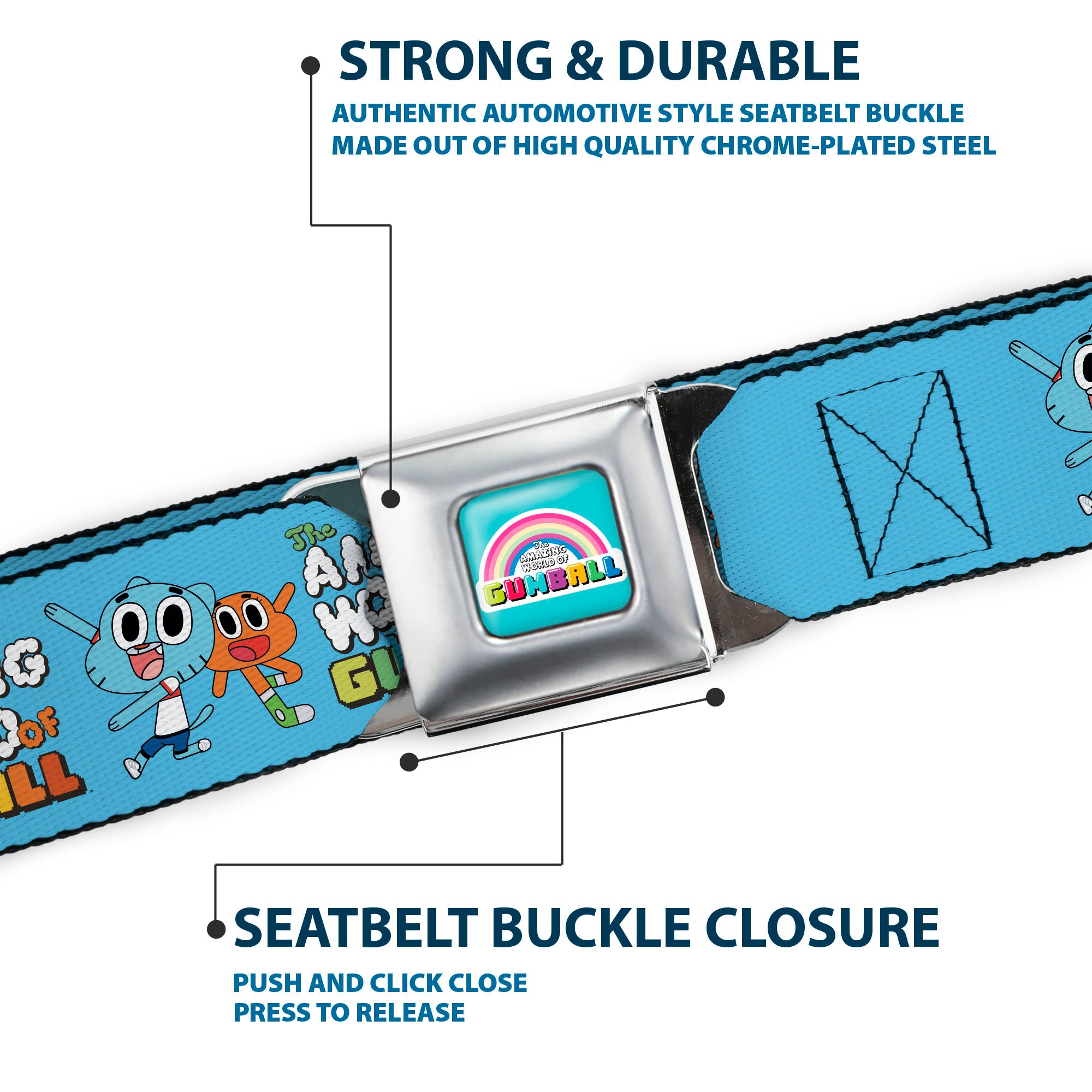 THE AMAZING WORLD GUMBALL Title Logo Full Color Blue Seatbelt Belt - THE AMAZING WORLD OF GUMBALL Title Logo and Pose with Darwin Blue Webbing Seatbelt Belts The Amazing World of Gumball