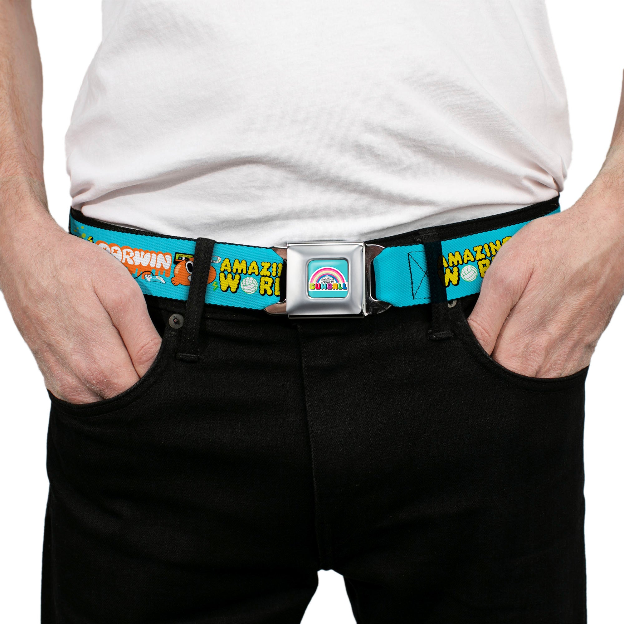 THE AMAZING WORLD GUMBALL Title Logo Full Color Blue Seatbelt Belt - THE AMAZING WORLD GUMBALL and DARWIN Icons Blue Webbing Seatbelt Belts The Amazing World of Gumball