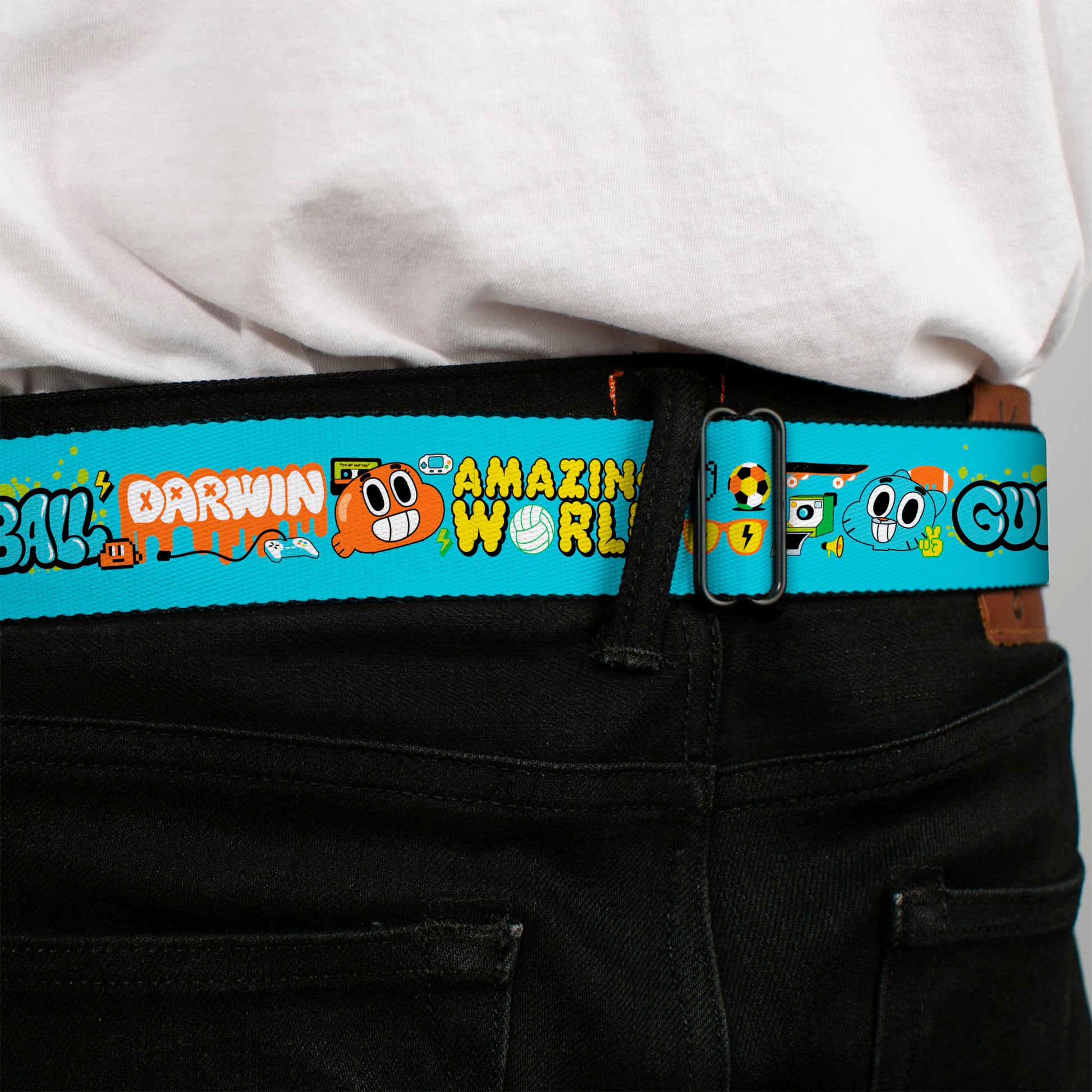 THE AMAZING WORLD GUMBALL Title Logo Full Color Blue Seatbelt Belt - THE AMAZING WORLD GUMBALL and DARWIN Icons Blue Webbing Seatbelt Belts The Amazing World of Gumball