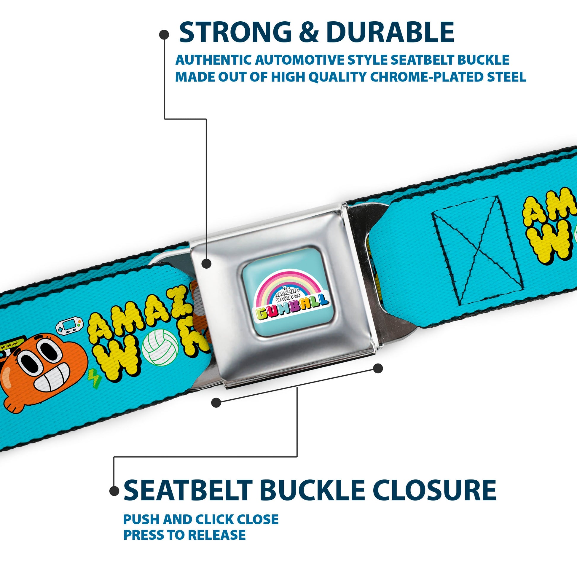 THE AMAZING WORLD GUMBALL Title Logo Full Color Blue Seatbelt Belt - THE AMAZING WORLD GUMBALL and DARWIN Icons Blue Webbing Seatbelt Belts The Amazing World of Gumball
