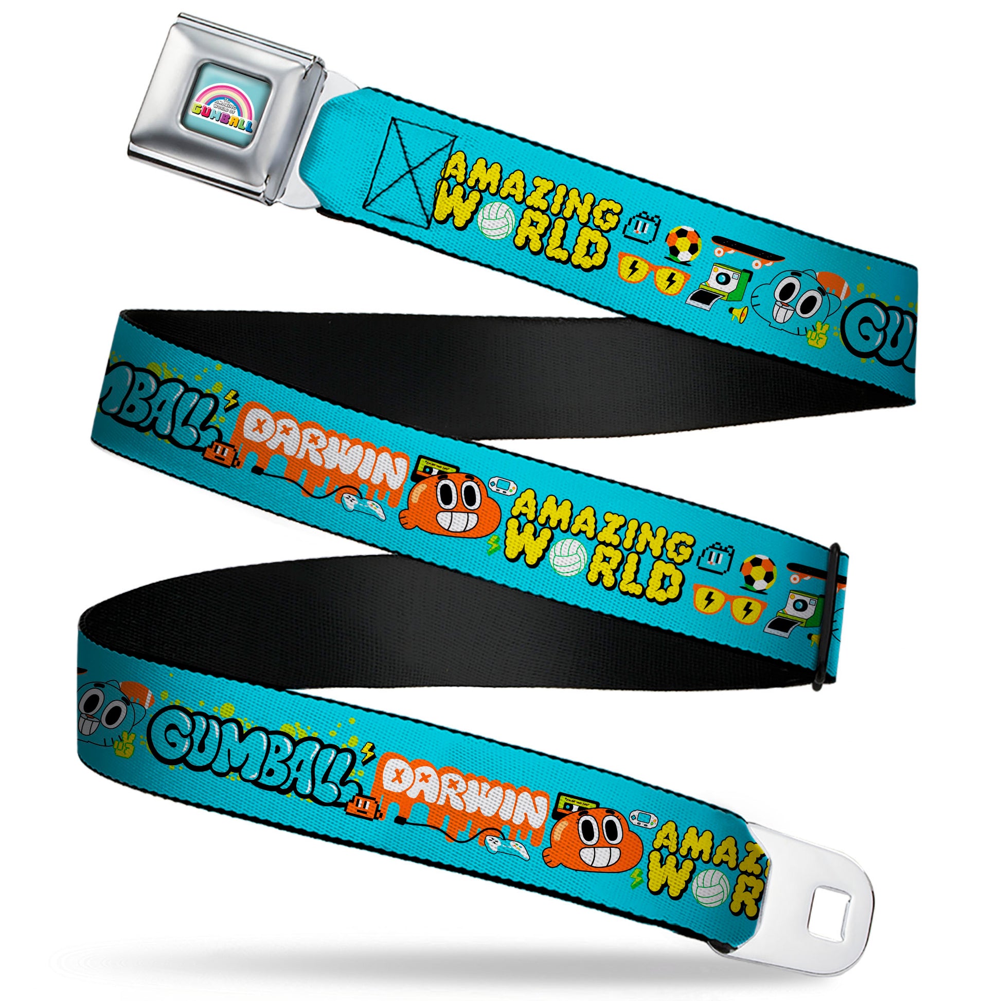 THE AMAZING WORLD GUMBALL Title Logo Full Color Blue Seatbelt Belt - THE AMAZING WORLD GUMBALL and DARWIN Icons Blue Webbing Seatbelt Belts The Amazing World of Gumball
