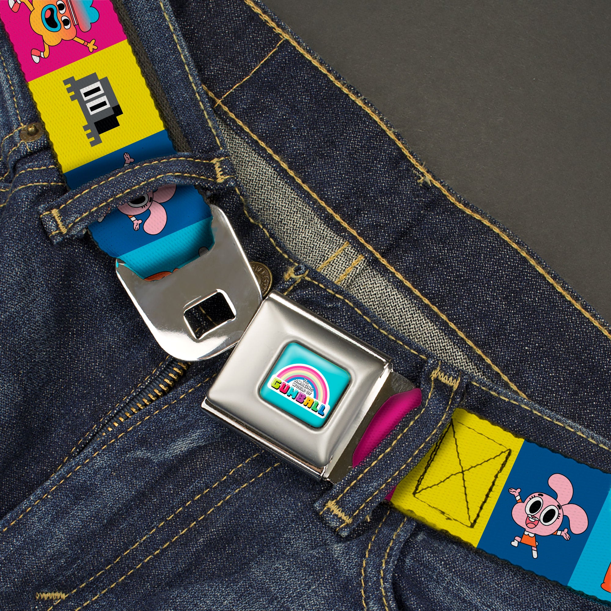 THE AMAZING WORLD GUMBALL Title Logo Full Color Blue Seatbelt Belt - The Amazing World of Gumball Character Pose Blocks Multi Color Webbing
