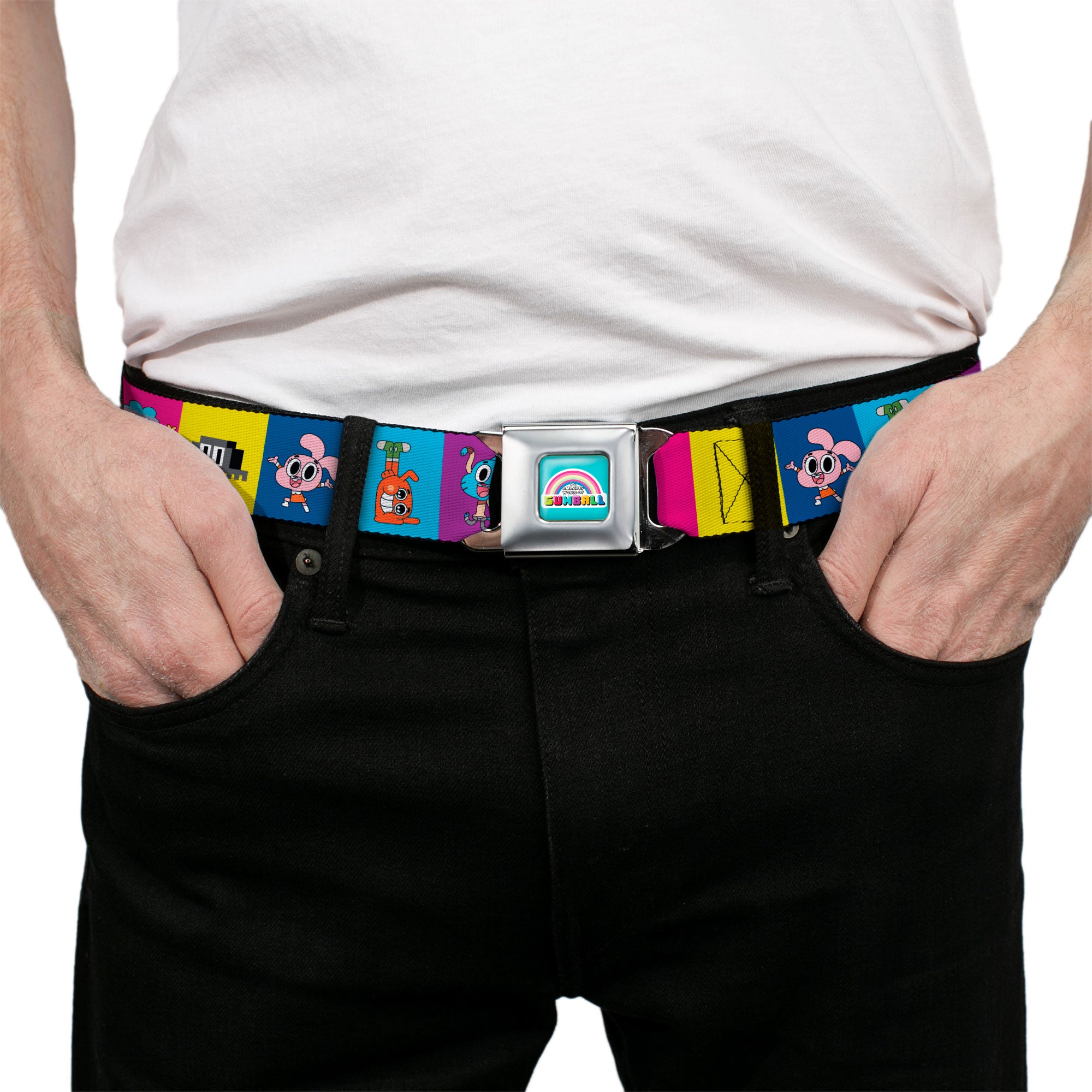THE AMAZING WORLD GUMBALL Title Logo Full Color Blue Seatbelt Belt - The Amazing World of Gumball Character Pose Blocks Multi Color Webbing