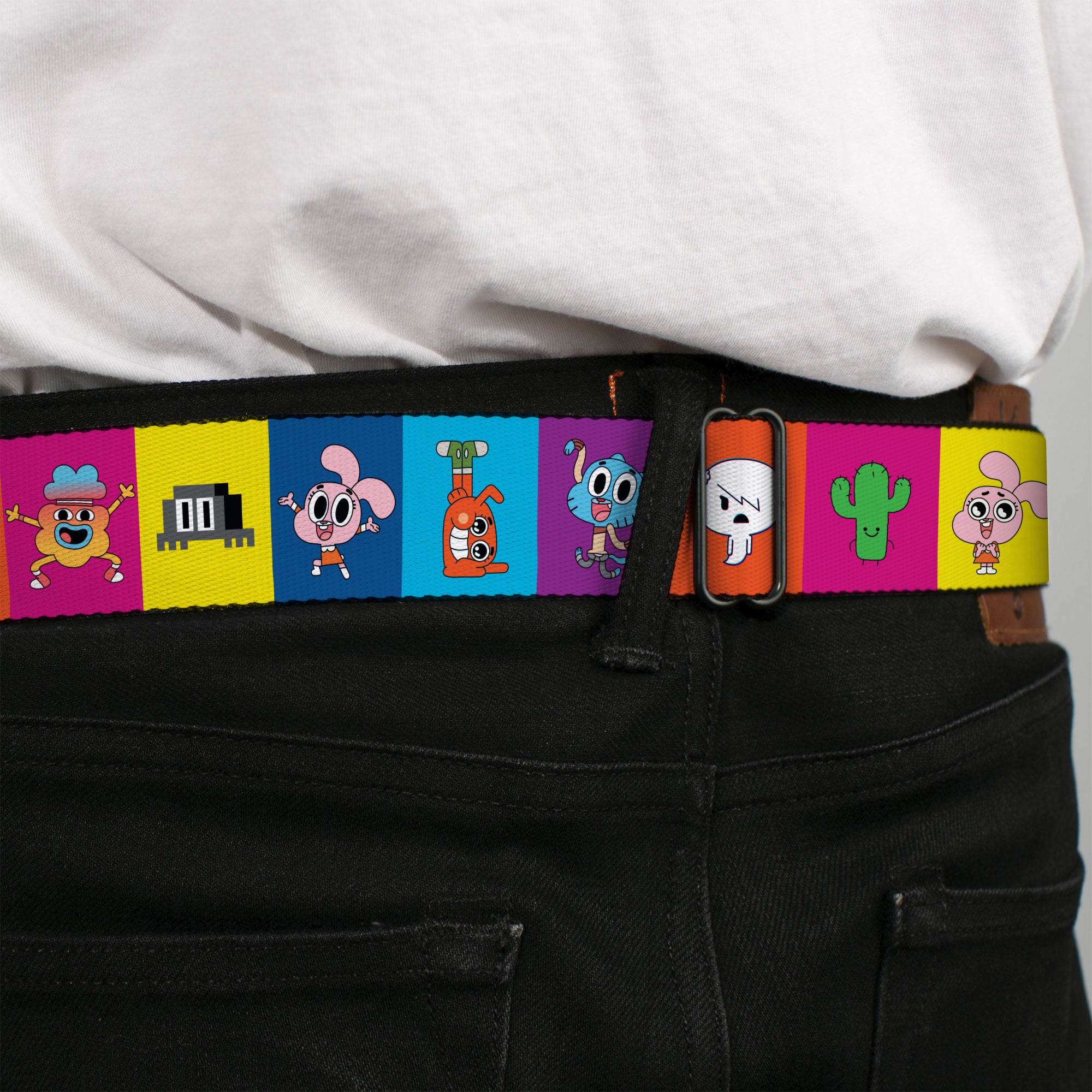 THE AMAZING WORLD GUMBALL Title Logo Full Color Blue Seatbelt Belt - The Amazing World of Gumball Character Pose Blocks Multi Color Webbing