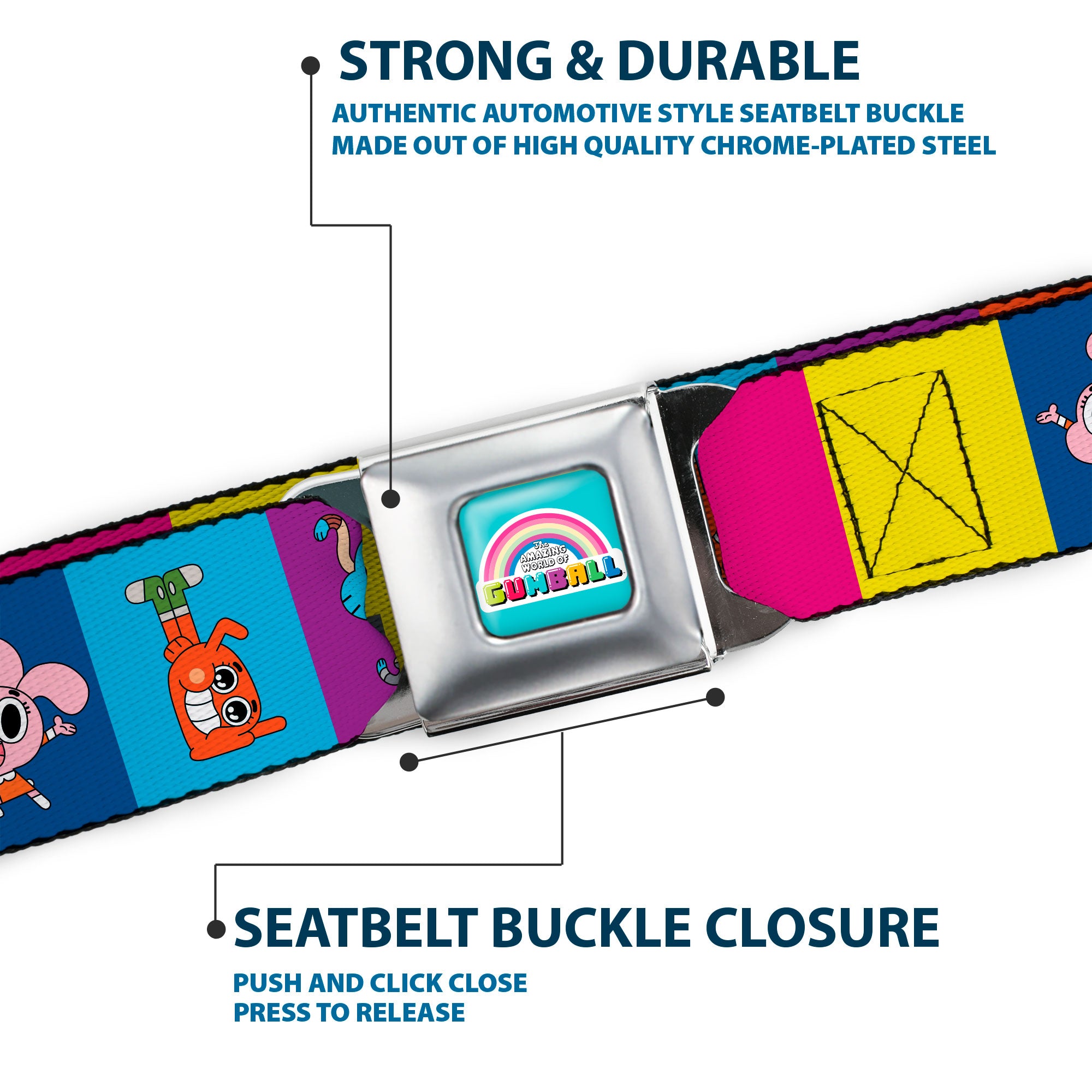 THE AMAZING WORLD GUMBALL Title Logo Full Color Blue Seatbelt Belt - The Amazing World of Gumball Character Pose Blocks Multi Color Webbing