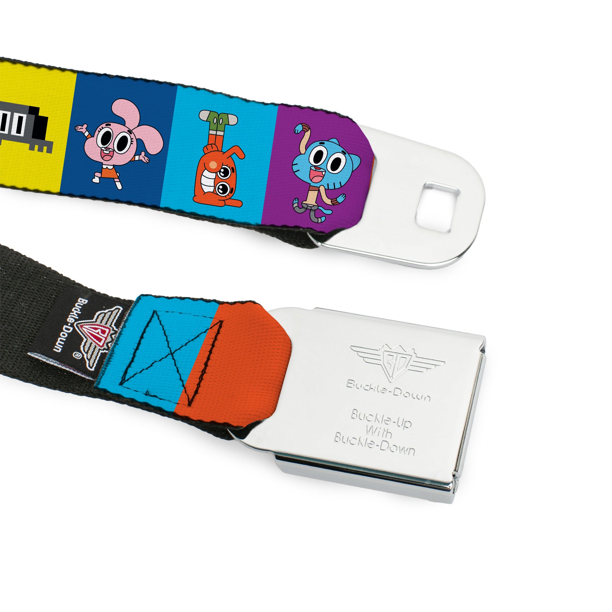 THE AMAZING WORLD GUMBALL Title Logo Full Color Blue Seatbelt Belt - The Amazing World of Gumball Character Pose Blocks Multi Color Webbing