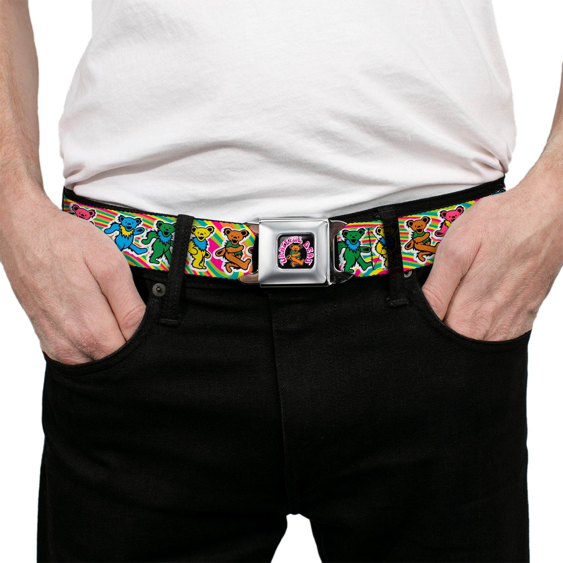 GRATEFUL DEAD Dancing Bear Icon Full Color Black/Orange Seatbelt Belt - Grateful Dead Dancing Bears Swirl Multi Color Webbing Seatbelt Belts Grateful Dead