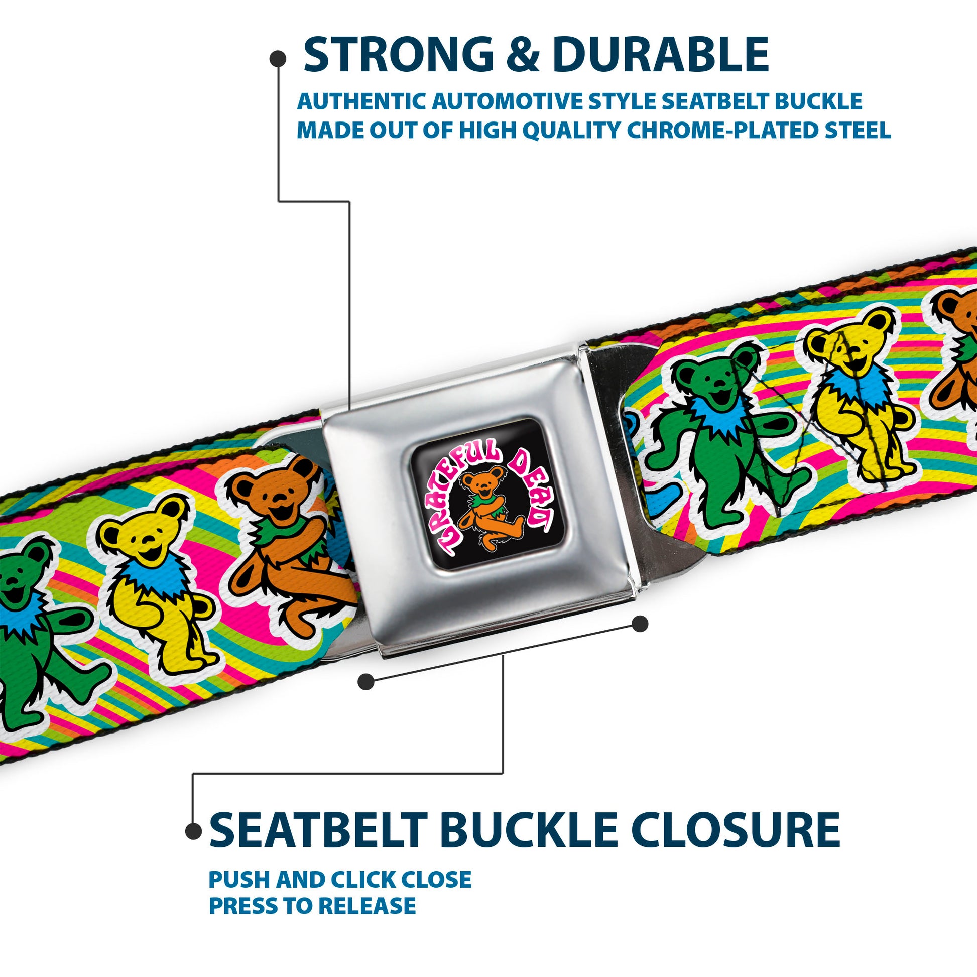 GRATEFUL DEAD Dancing Bear Icon Full Color Black/Orange Seatbelt Belt - Grateful Dead Dancing Bears Swirl Multi Color Webbing Seatbelt Belts Grateful Dead