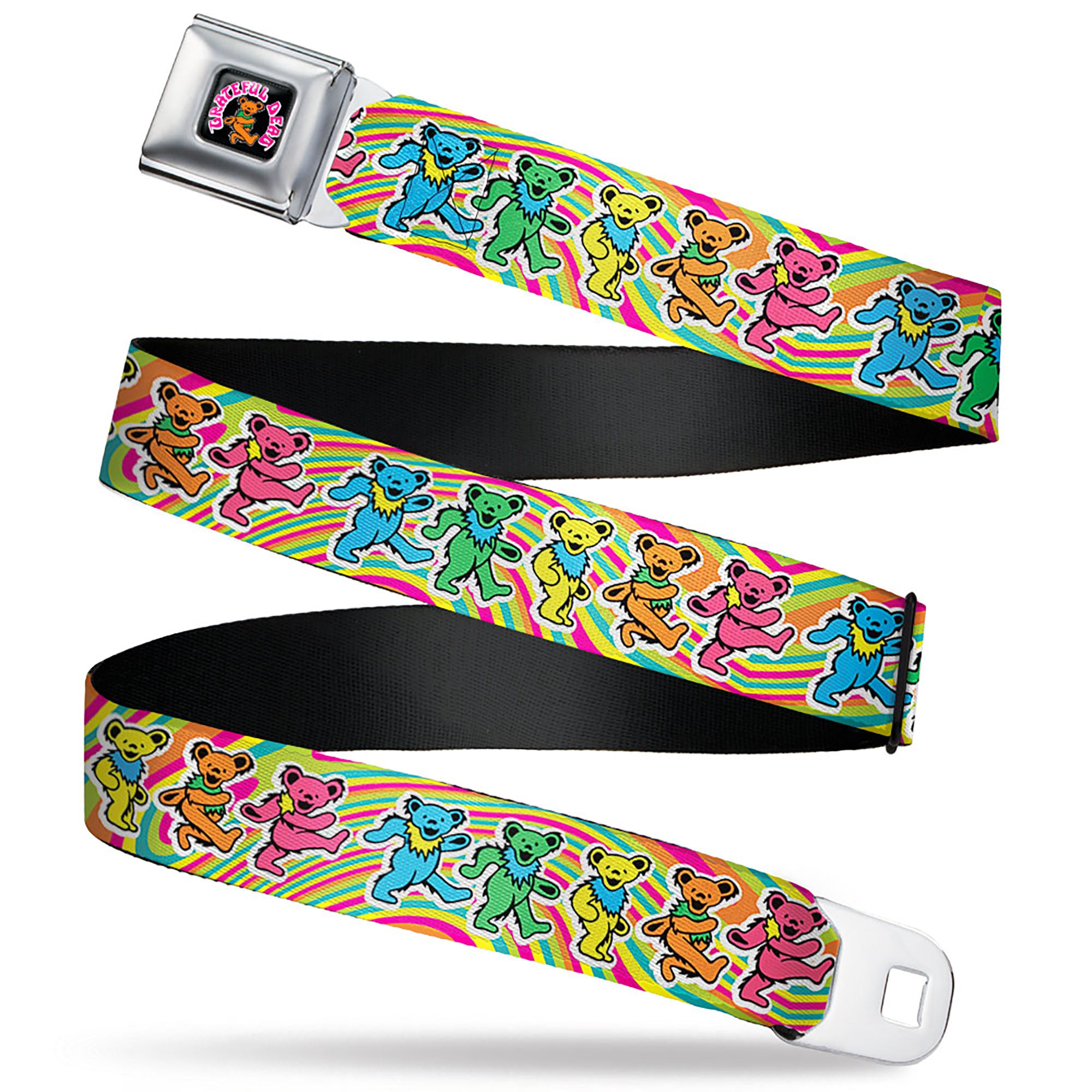 GRATEFUL DEAD Dancing Bear Icon Full Color Black/Orange Seatbelt Belt - Grateful Dead Dancing Bears Swirl Multi Color Webbing Seatbelt Belts Grateful Dead