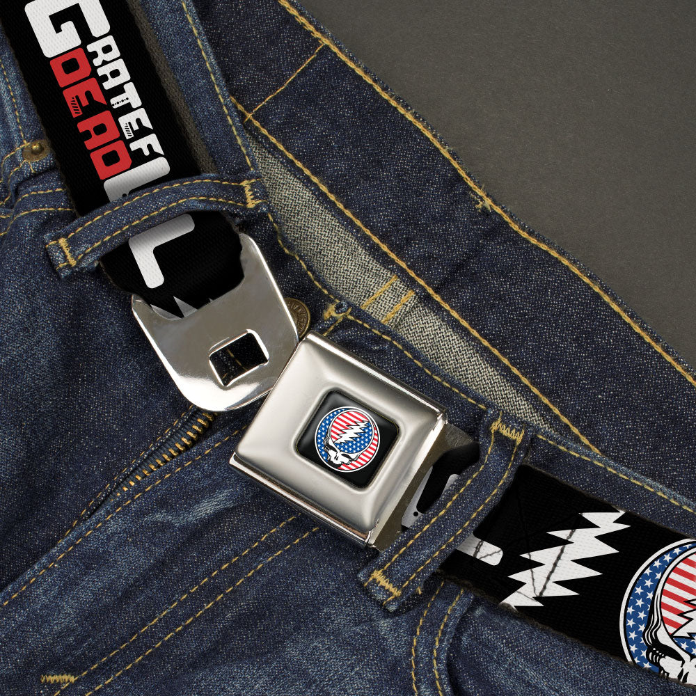 Grateful Dead Steal Your Face Stars and Stripes Logo Full Color Black/White/Red/Blue Seatbelt Belt - GRATEFUL DEAD Text with Steal Your Face Stars and Stripes Logo Black/White/Red/Blue Webbing Seatbelt Belts Grateful Dead
