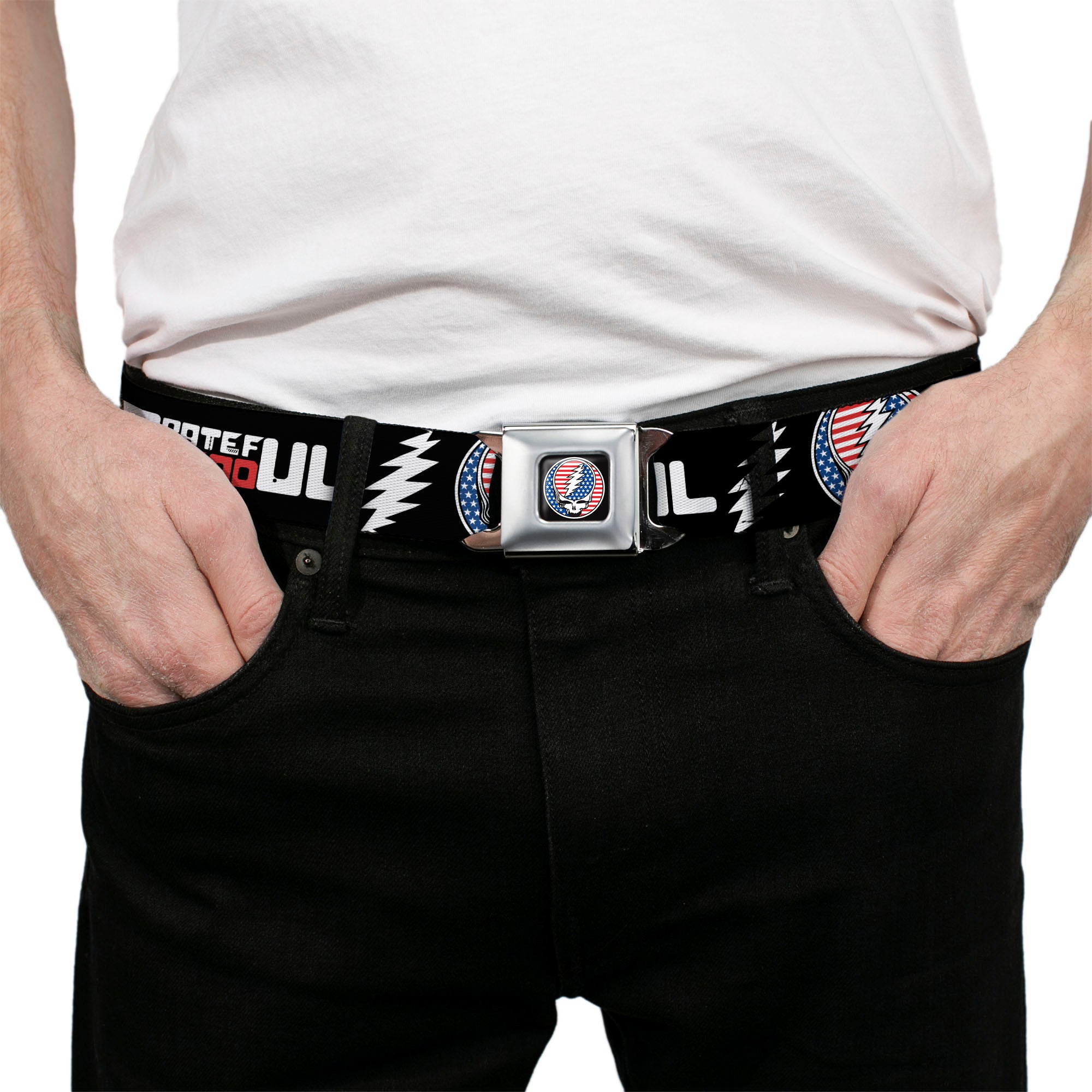 Grateful Dead Steal Your Face Stars and Stripes Logo Full Color Black/White/Red/Blue Seatbelt Belt - GRATEFUL DEAD Text with Steal Your Face Stars and Stripes Logo Black/White/Red/Blue Webbing Seatbelt Belts Grateful Dead