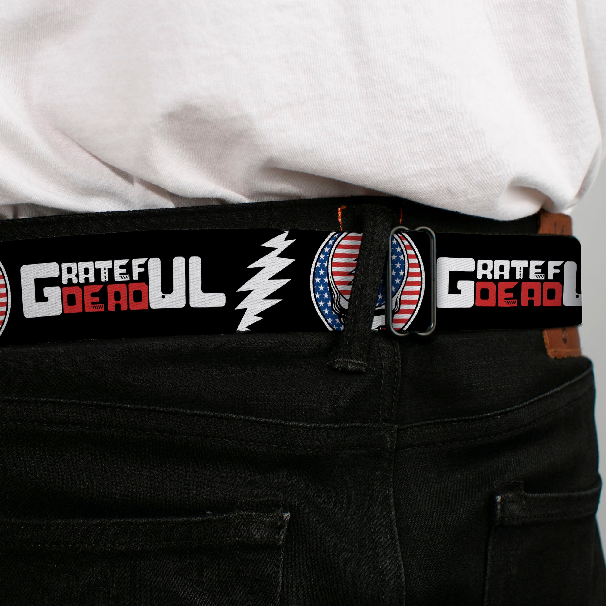 Grateful Dead Steal Your Face Stars and Stripes Logo Full Color Black/White/Red/Blue Seatbelt Belt - GRATEFUL DEAD Text with Steal Your Face Stars and Stripes Logo Black/White/Red/Blue Webbing Seatbelt Belts Grateful Dead