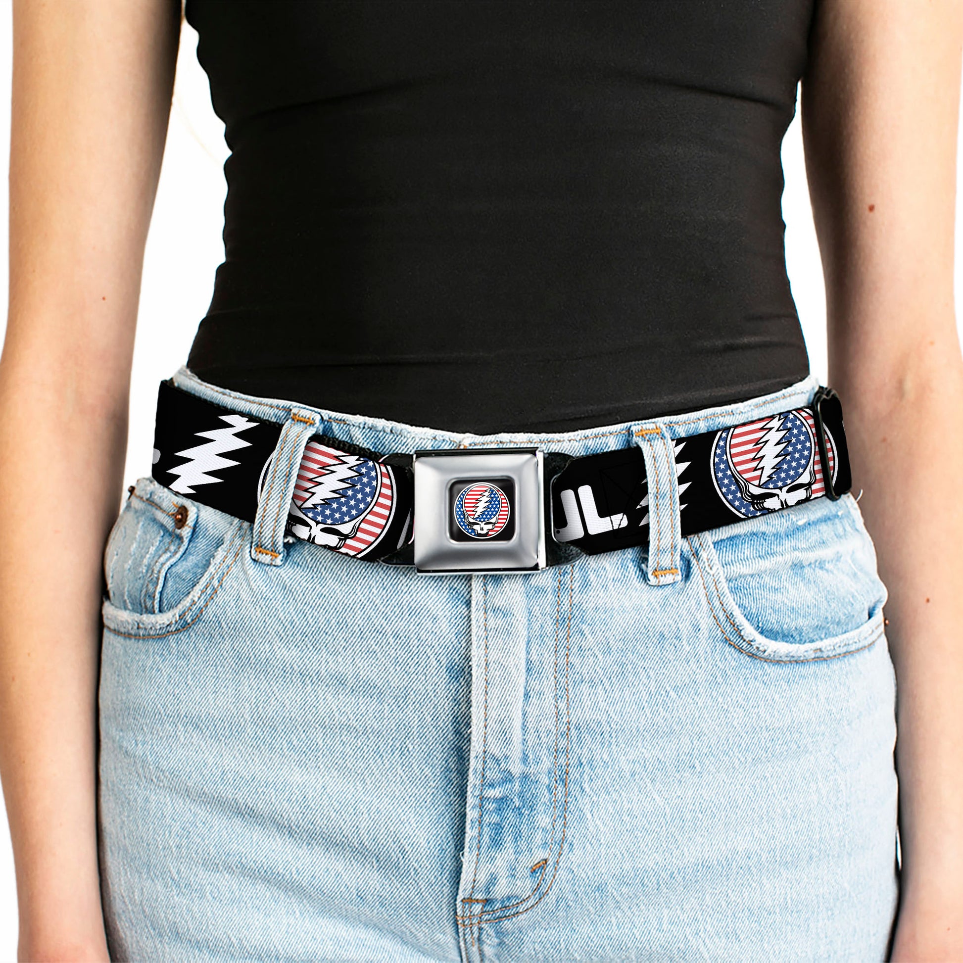 Grateful Dead Steal Your Face Stars and Stripes Logo Full Color Black/White/Red/Blue Seatbelt Belt - GRATEFUL DEAD Text with Steal Your Face Stars and Stripes Logo Black/White/Red/Blue Webbing Seatbelt Belts Grateful Dead