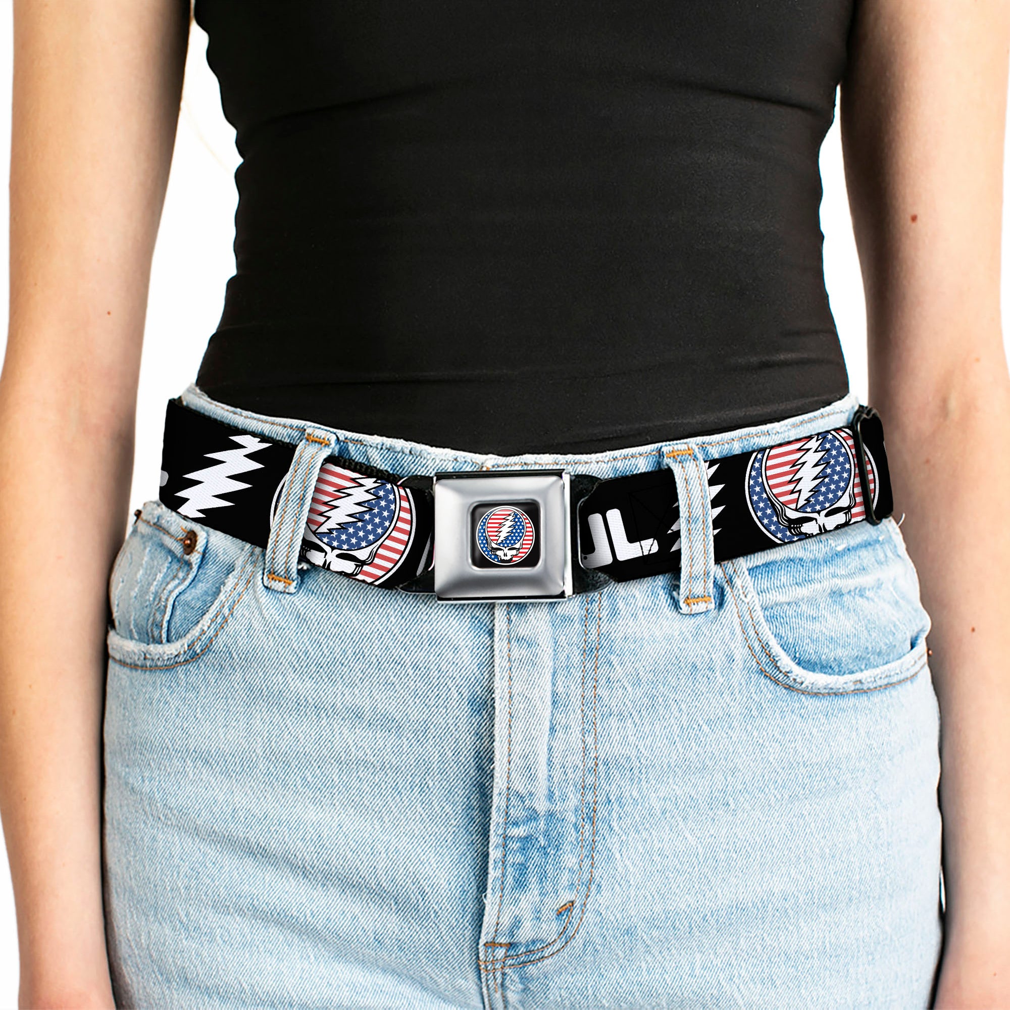 Grateful Dead Steal Your Face Stars and Stripes Logo Full Color Black/White/Red/Blue Seatbelt Belt - GRATEFUL DEAD Text with Steal Your Face Stars and Stripes Logo Black/White/Red/Blue Webbing Seatbelt Belts Grateful Dead