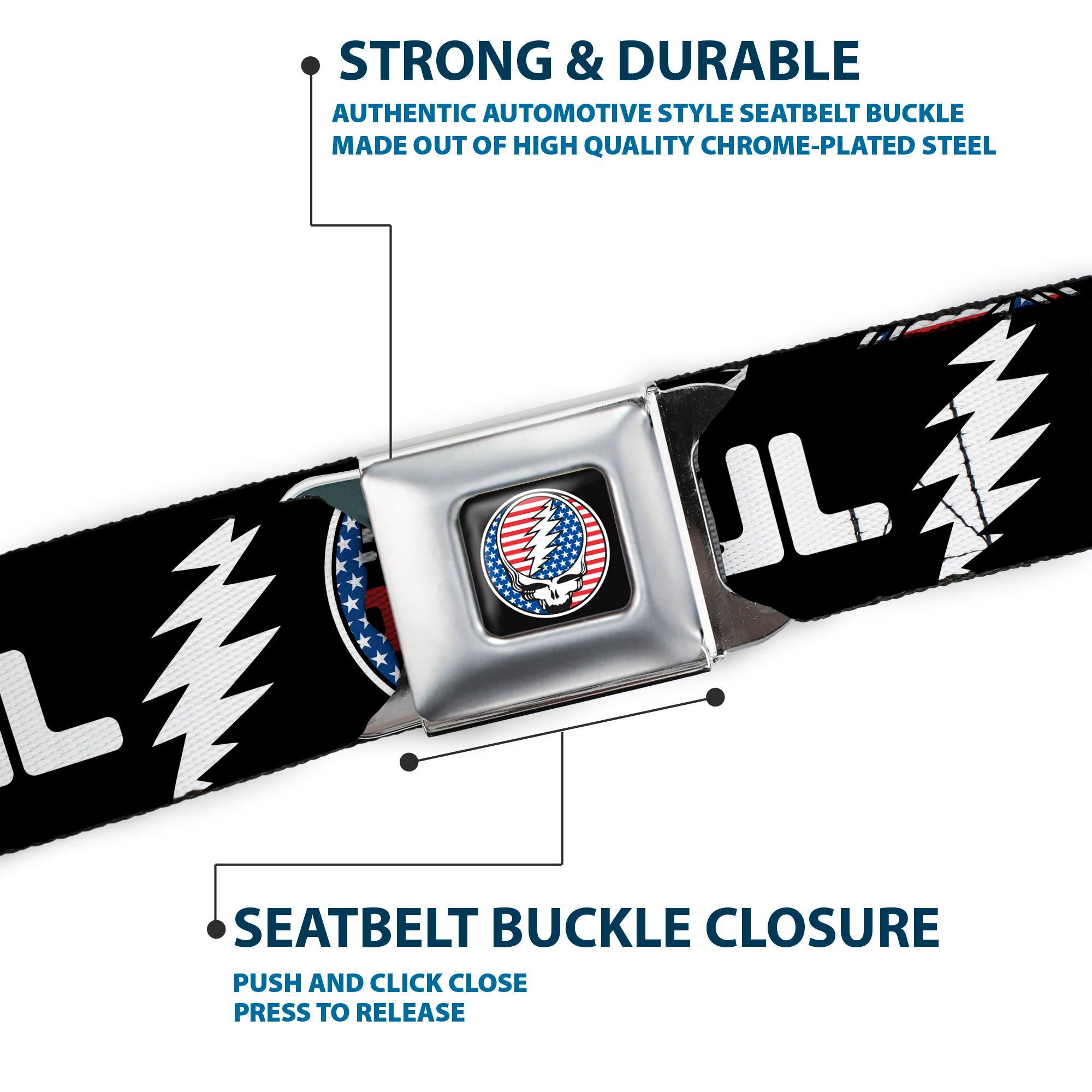Grateful Dead Steal Your Face Stars and Stripes Logo Full Color Black/White/Red/Blue Seatbelt Belt - GRATEFUL DEAD Text with Steal Your Face Stars and Stripes Logo Black/White/Red/Blue Webbing Seatbelt Belts Grateful Dead
