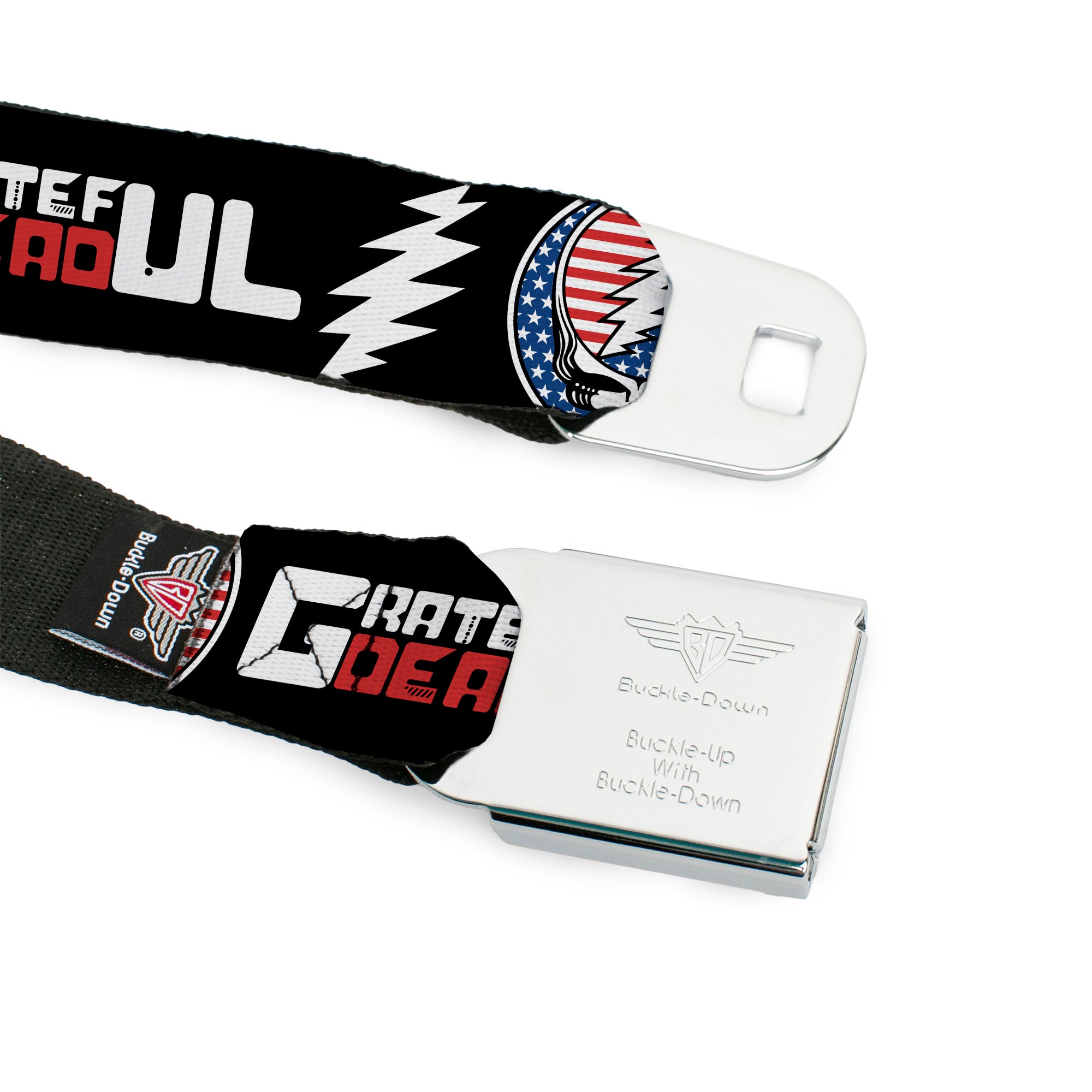 Grateful Dead Steal Your Face Stars and Stripes Logo Full Color Black/White/Red/Blue Seatbelt Belt - GRATEFUL DEAD Text with Steal Your Face Stars and Stripes Logo Black/White/Red/Blue Webbing Seatbelt Belts Grateful Dead