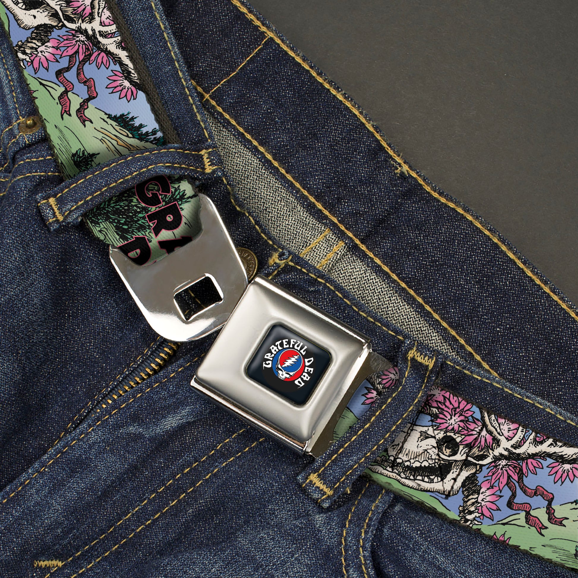 GRATEFUL DEAD Text with Steal Your Face Logo Full Color Black Seatbelt Belt - Grateful Dead Dave's Picks Volume Nine Montana Cover Art Webbing Seatbelt Belts Grateful Dead