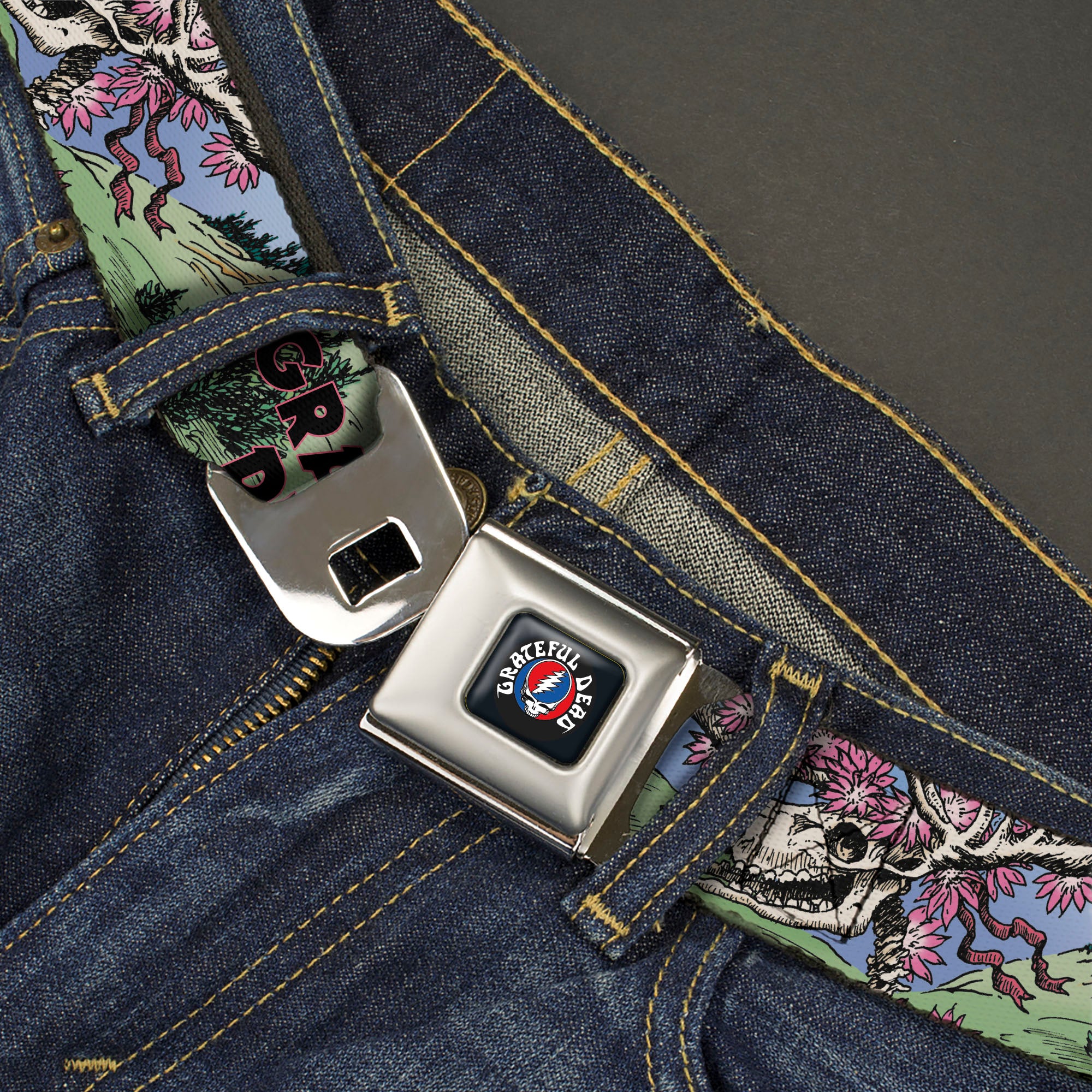 GRATEFUL DEAD Text with Steal Your Face Logo Full Color Black Seatbelt Belt - Grateful Dead Dave's Picks Volume Nine Montana Cover Art Webbing Seatbelt Belts Grateful Dead