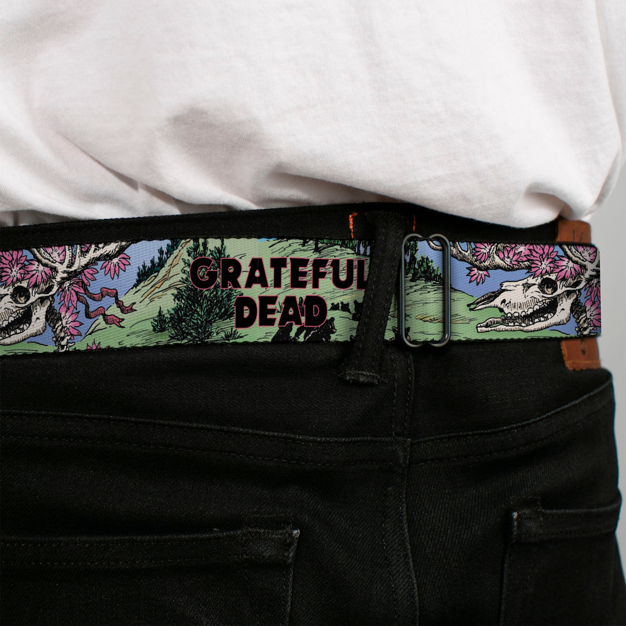 GRATEFUL DEAD Text with Steal Your Face Logo Full Color Black Seatbelt Belt - Grateful Dead Dave's Picks Volume Nine Montana Cover Art Webbing Seatbelt Belts Grateful Dead