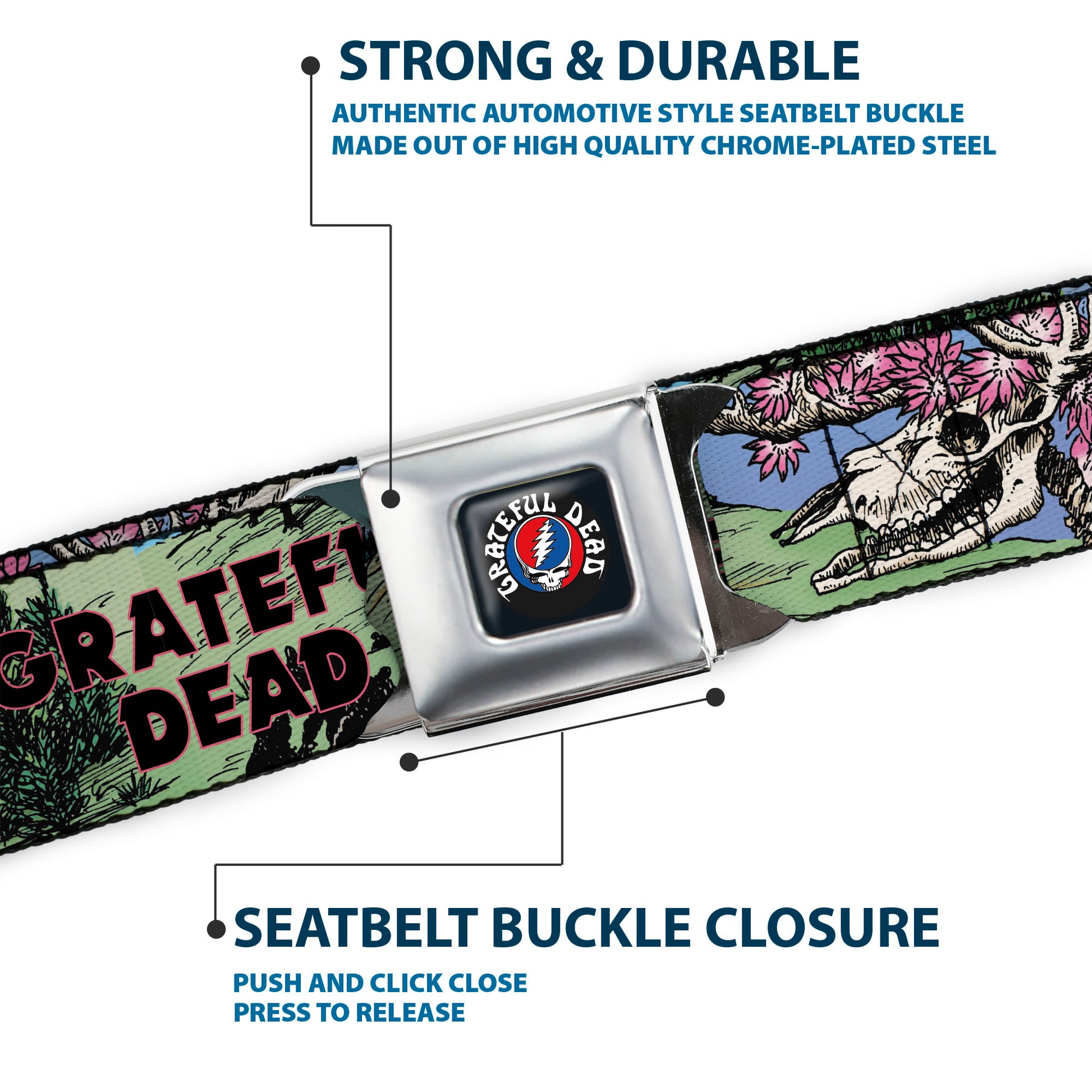 GRATEFUL DEAD Text with Steal Your Face Logo Full Color Black Seatbelt Belt - Grateful Dead Dave's Picks Volume Nine Montana Cover Art Webbing Seatbelt Belts Grateful Dead