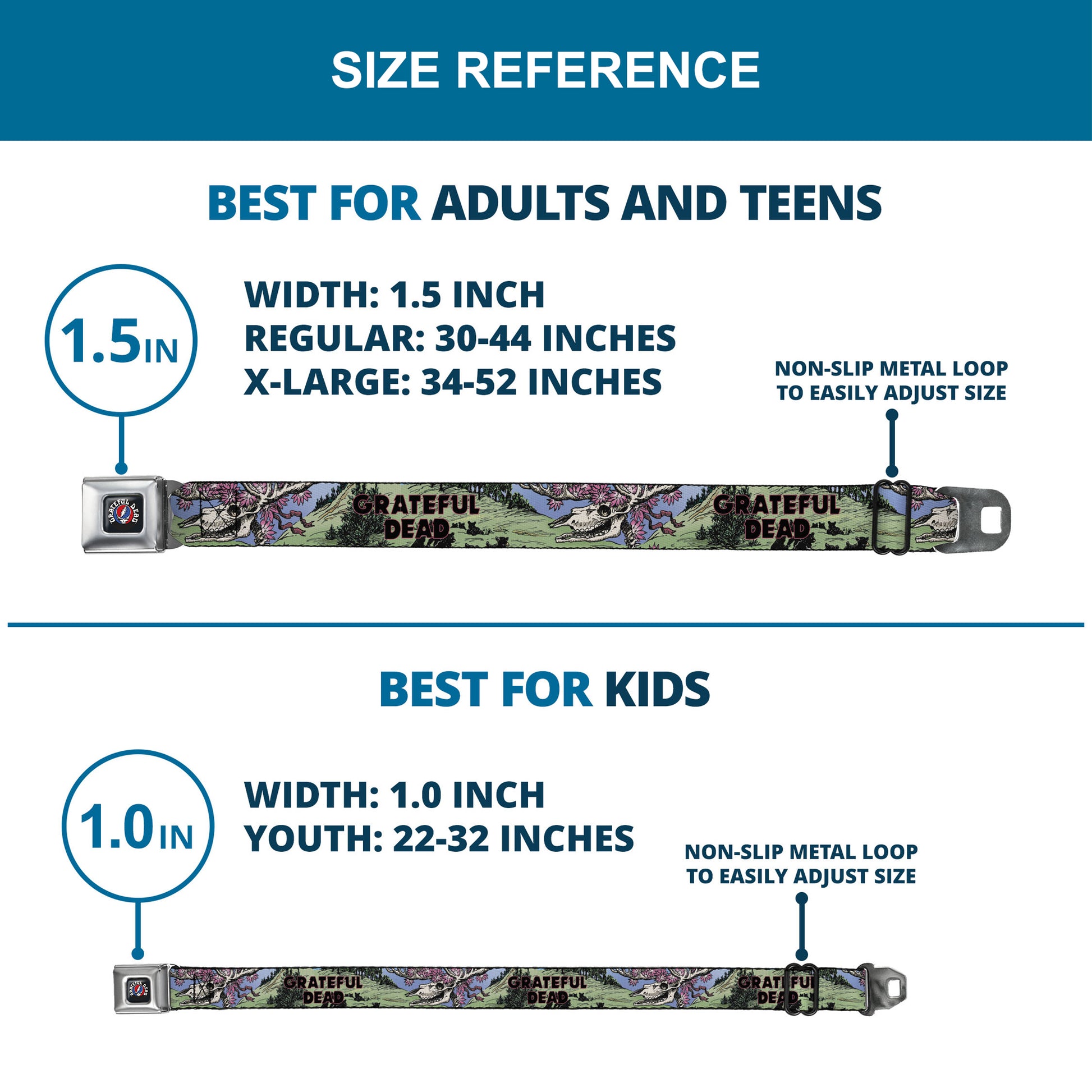 GRATEFUL DEAD Text with Steal Your Face Logo Full Color Black Seatbelt Belt - Grateful Dead Dave's Picks Volume Nine Montana Cover Art Webbing Seatbelt Belts Grateful Dead