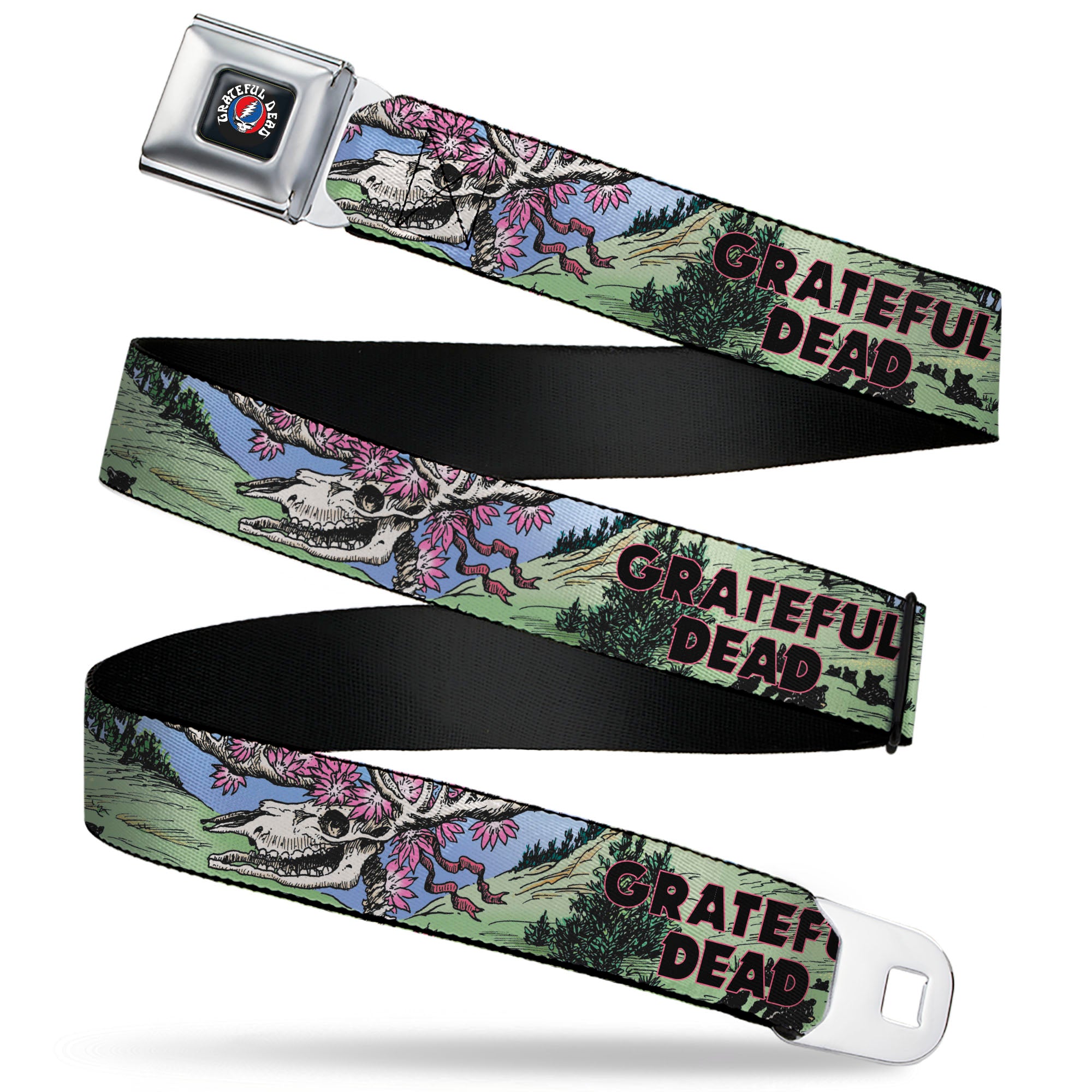 GRATEFUL DEAD Text with Steal Your Face Logo Full Color Black Seatbelt Belt - Grateful Dead Dave's Picks Volume Nine Montana Cover Art Webbing Seatbelt Belts Grateful Dead