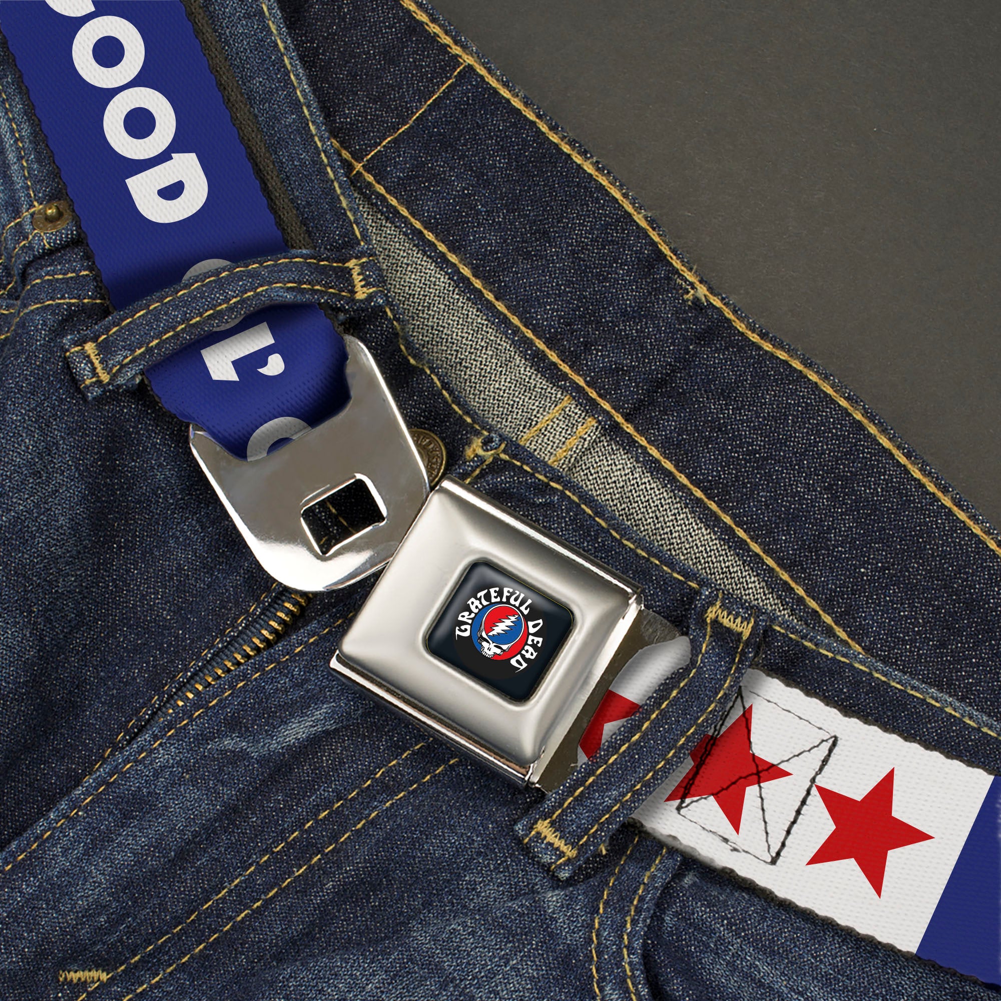 GRATEFUL DEAD Text with Steal Your Face Logo Full Color Black Seatbelt Belt - GOOD OL' GRATEFUL DEAD Text and Stars Blue/White/Red Webbing Seatbelt Belts Grateful Dead