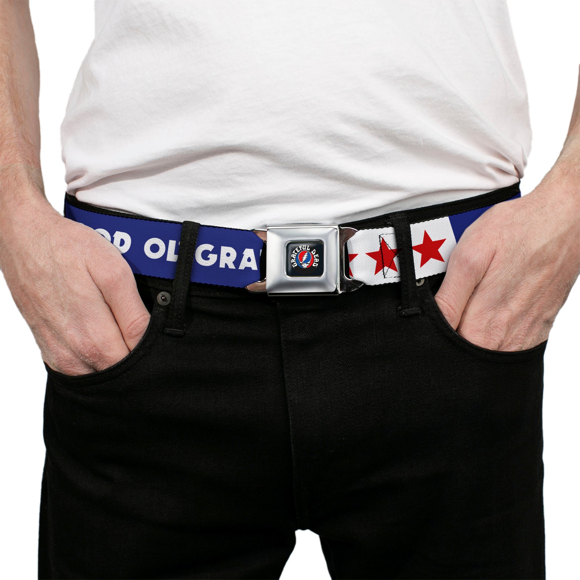 GRATEFUL DEAD Text with Steal Your Face Logo Full Color Black Seatbelt Belt - GOOD OL' GRATEFUL DEAD Text and Stars Blue/White/Red Webbing Seatbelt Belts Grateful Dead