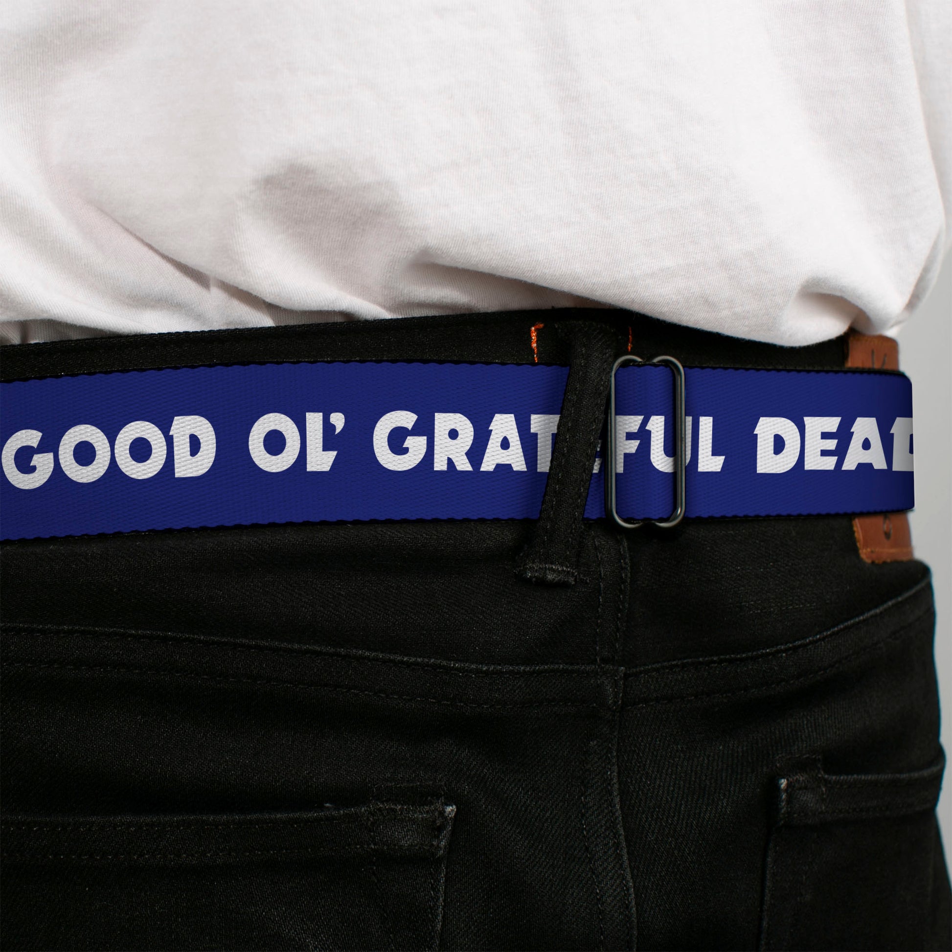GRATEFUL DEAD Text with Steal Your Face Logo Full Color Black Seatbelt Belt - GOOD OL' GRATEFUL DEAD Text and Stars Blue/White/Red Webbing Seatbelt Belts Grateful Dead