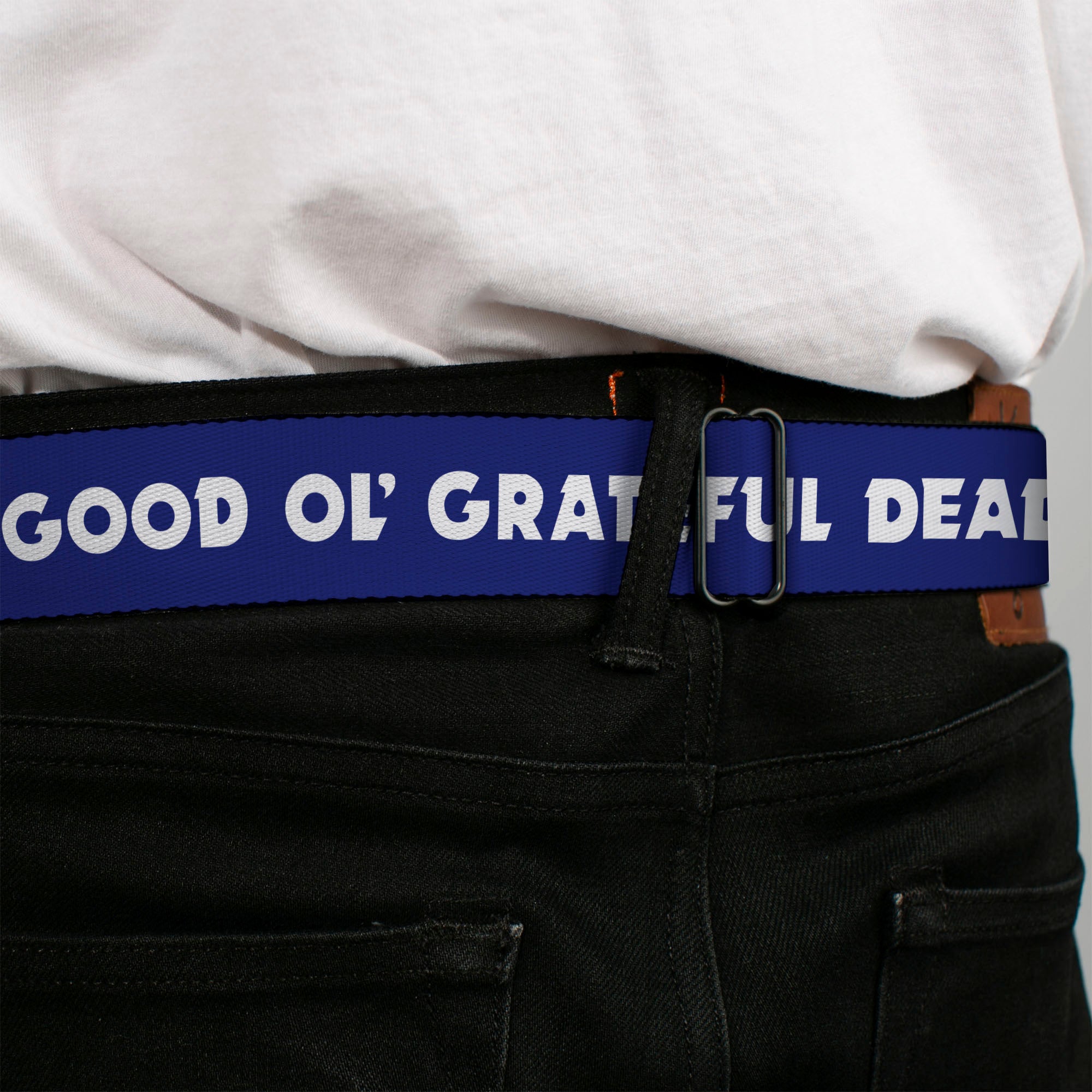 GRATEFUL DEAD Text with Steal Your Face Logo Full Color Black Seatbelt Belt - GOOD OL' GRATEFUL DEAD Text and Stars Blue/White/Red Webbing Seatbelt Belts Grateful Dead