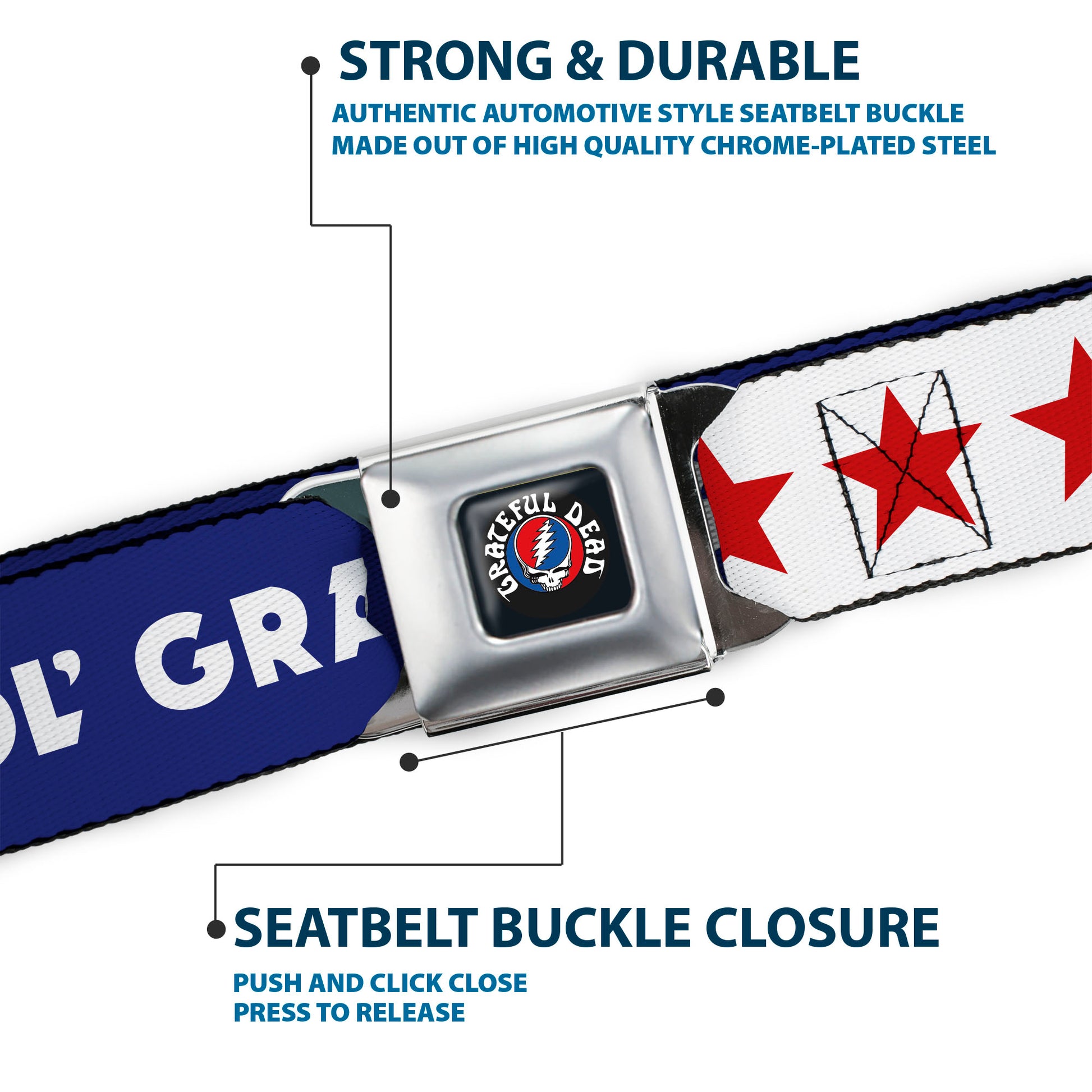 GRATEFUL DEAD Text with Steal Your Face Logo Full Color Black Seatbelt Belt - GOOD OL' GRATEFUL DEAD Text and Stars Blue/White/Red Webbing Seatbelt Belts Grateful Dead