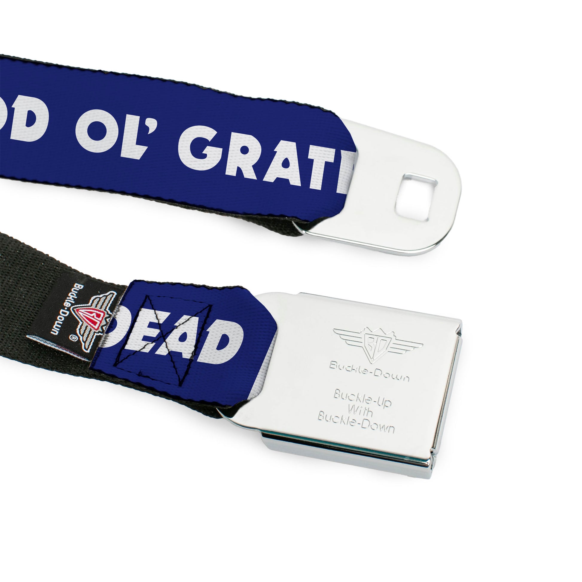 GRATEFUL DEAD Text with Steal Your Face Logo Full Color Black Seatbelt Belt - GOOD OL' GRATEFUL DEAD Text and Stars Blue/White/Red Webbing Seatbelt Belts Grateful Dead