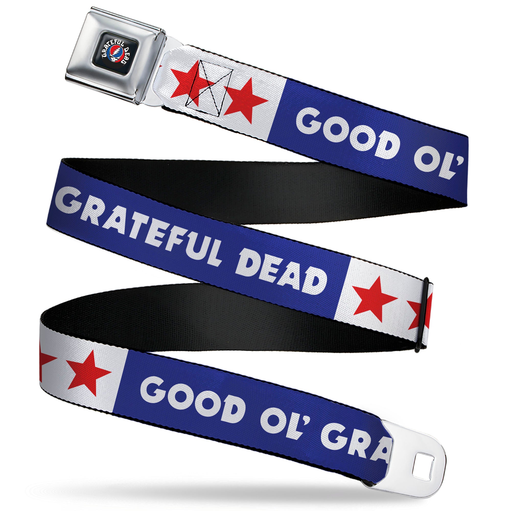 GRATEFUL DEAD Text with Steal Your Face Logo Full Color Black Seatbelt Belt - GOOD OL' GRATEFUL DEAD Text and Stars Blue/White/Red Webbing Seatbelt Belts Grateful Dead