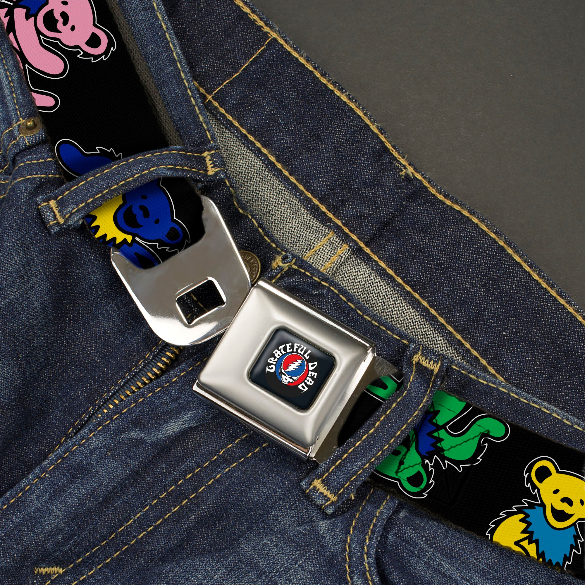 GRATEFUL DEAD Text with Steal Your Face Logo Full Color Black Seatbelt Belt - Grateful Dead Dancing Bears Close-Up Black/Multi Color Webbing Seatbelt Belts Grateful Dead