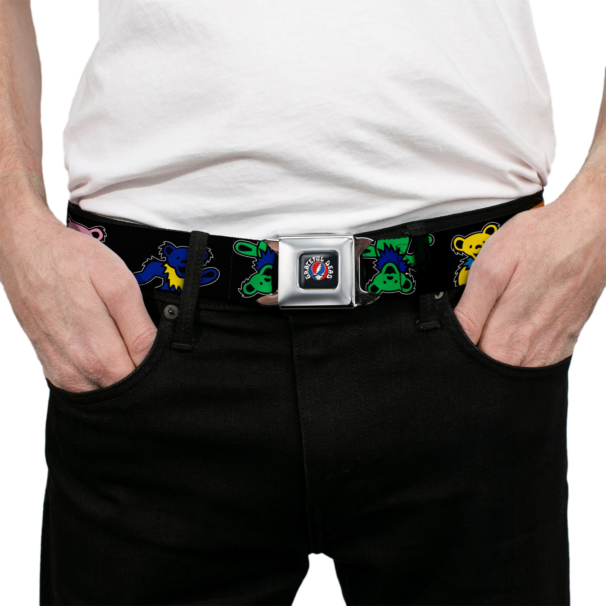 GRATEFUL DEAD Text with Steal Your Face Logo Full Color Black Seatbelt Belt - Grateful Dead Dancing Bears Close-Up Black/Multi Color Webbing Seatbelt Belts Grateful Dead