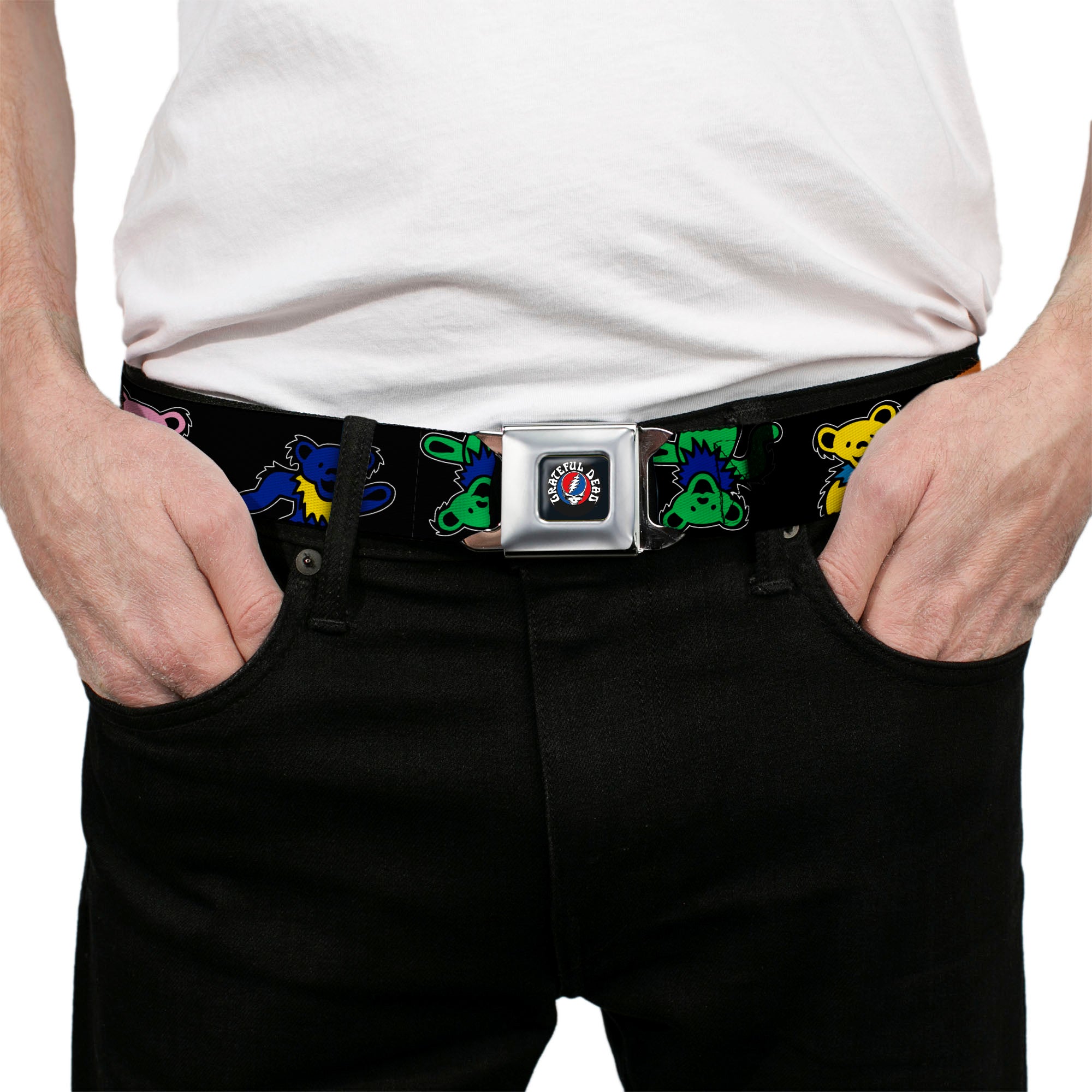 GRATEFUL DEAD Text with Steal Your Face Logo Full Color Black Seatbelt Belt - Grateful Dead Dancing Bears Close-Up Black/Multi Color Webbing Seatbelt Belts Grateful Dead