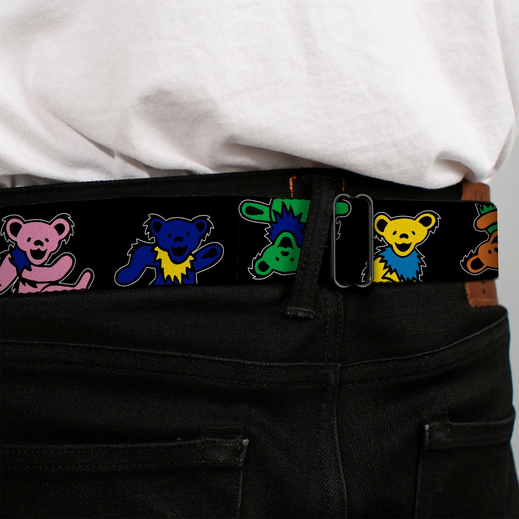 GRATEFUL DEAD Text with Steal Your Face Logo Full Color Black Seatbelt Belt - Grateful Dead Dancing Bears Close-Up Black/Multi Color Webbing Seatbelt Belts Grateful Dead