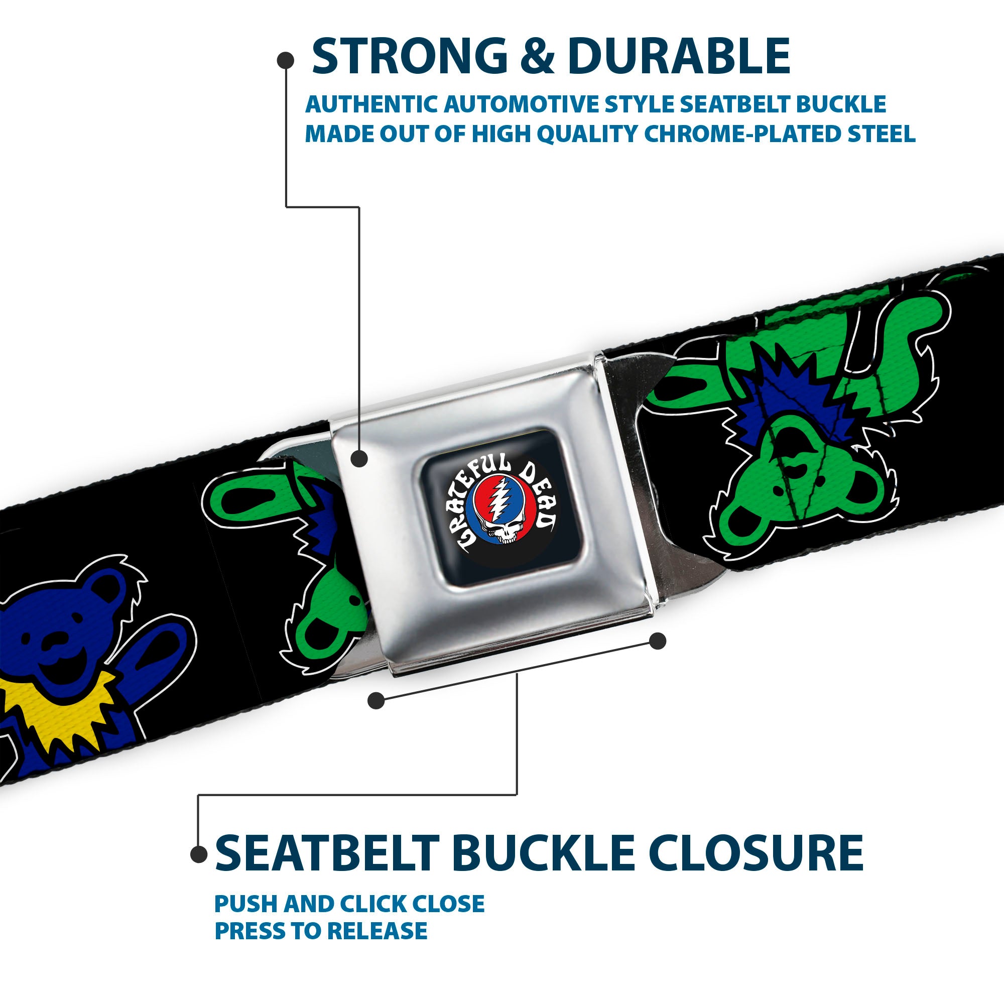 GRATEFUL DEAD Text with Steal Your Face Logo Full Color Black Seatbelt Belt - Grateful Dead Dancing Bears Close-Up Black/Multi Color Webbing Seatbelt Belts Grateful Dead